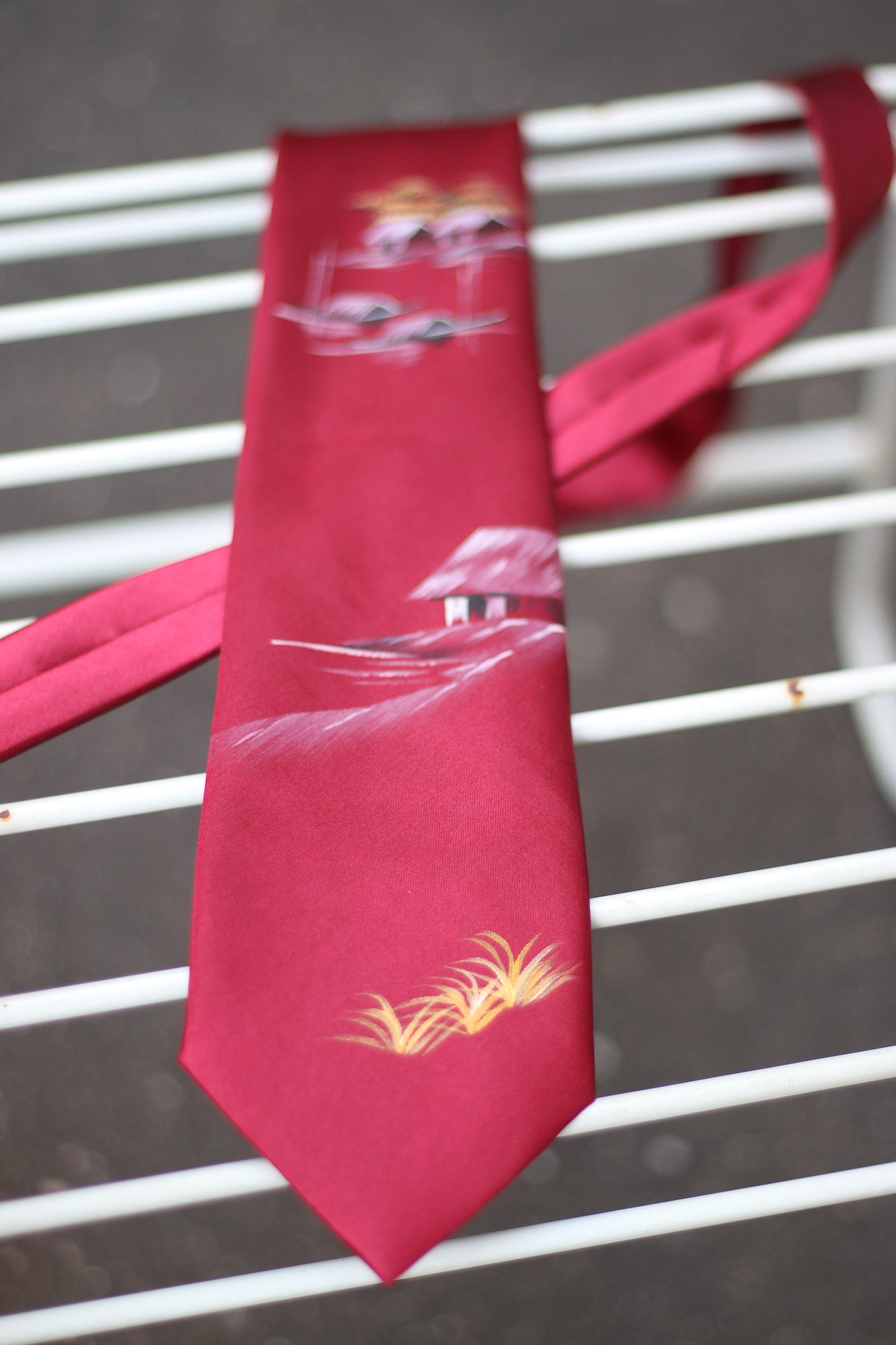 Vintage red silk tie with hand painted details 90s necktie office wear suit and tie