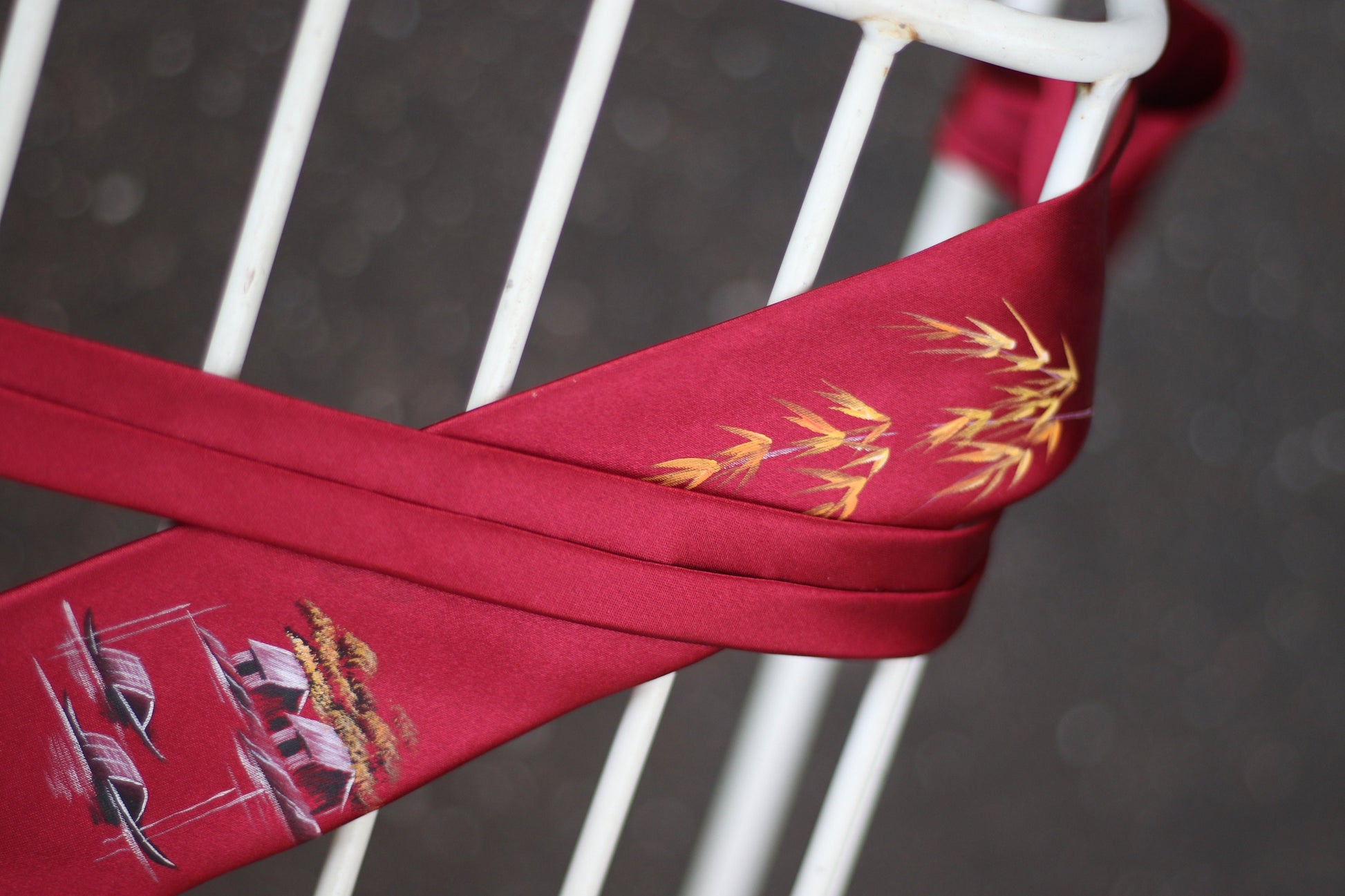 Vintage red silk tie with hand painted details 90s necktie office wear suit and tie