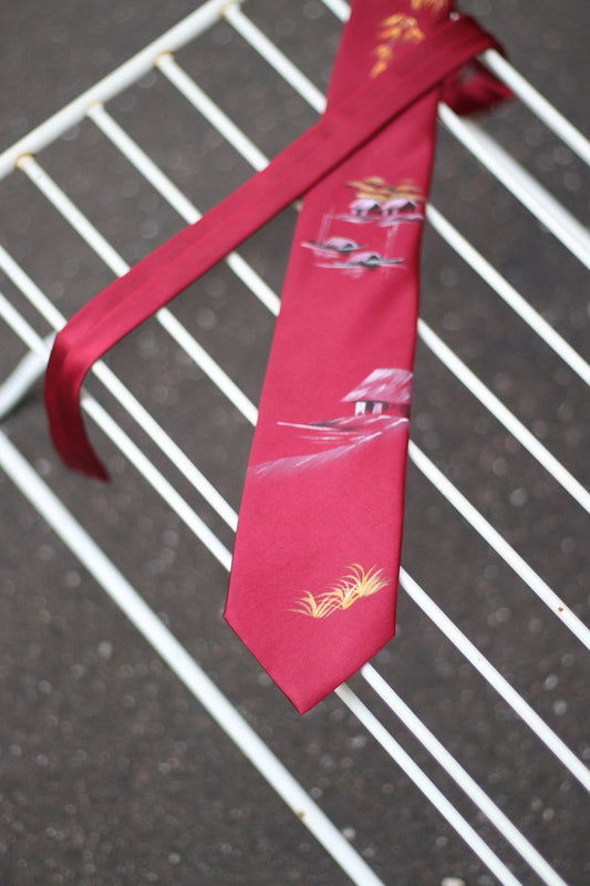 Vintage red silk tie with hand painted details 90s necktie office wear suit and tie