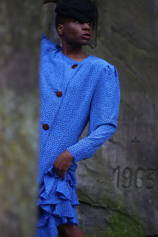 80s Peter Hahn Dress| Retro Blue and Black long sleeved dress with ruffles| Vintage Quirky dress| Maximalism
