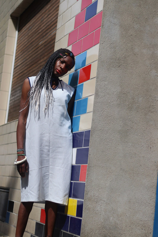 Vintage Striped Dress | Sleeveless blue and white summer dress | Breton striped design with tie
