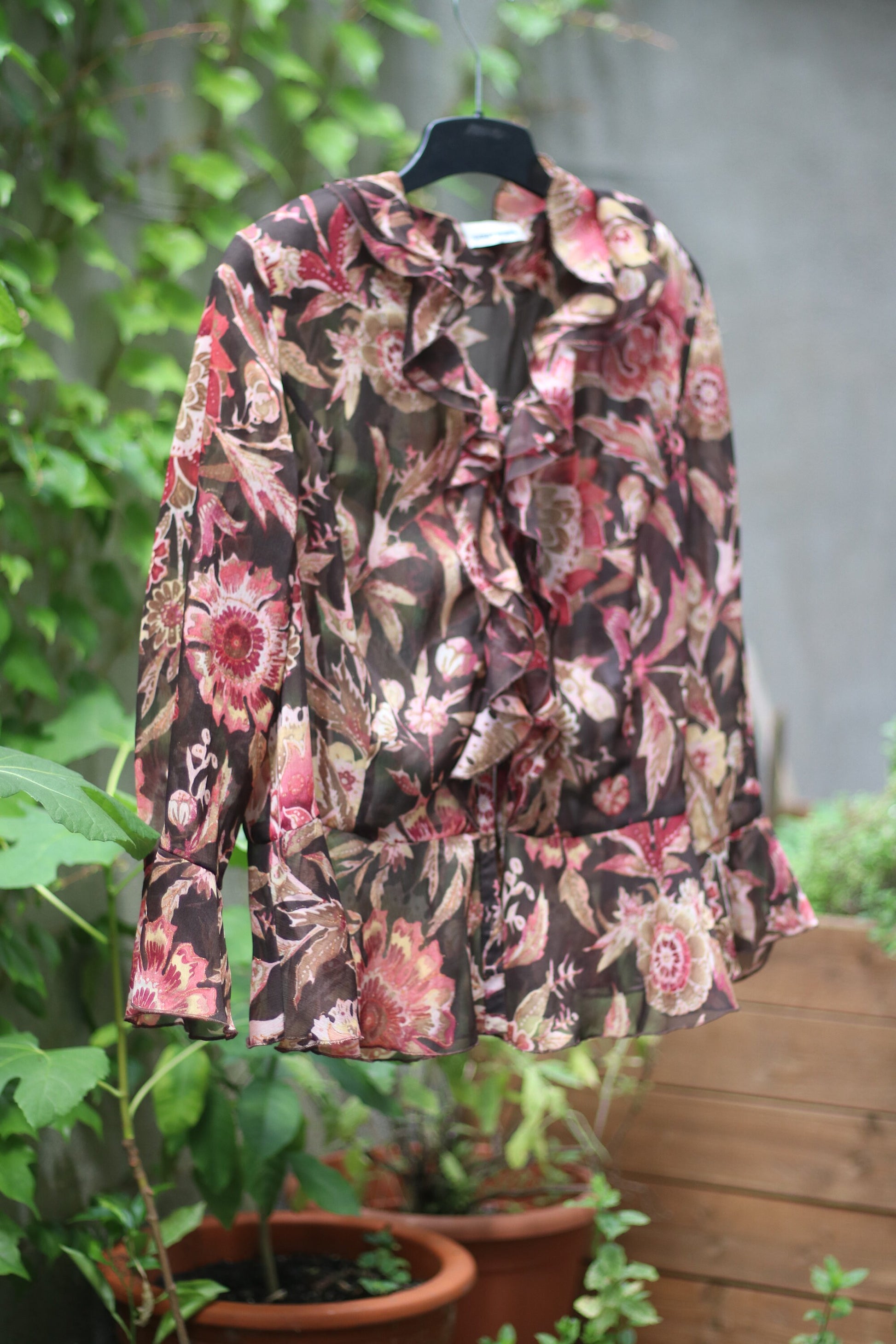 Vintage Gerry Weber Floral Top| 90s frilly ruffled bohemian blouse| Brown and red blouse with cascading pleats