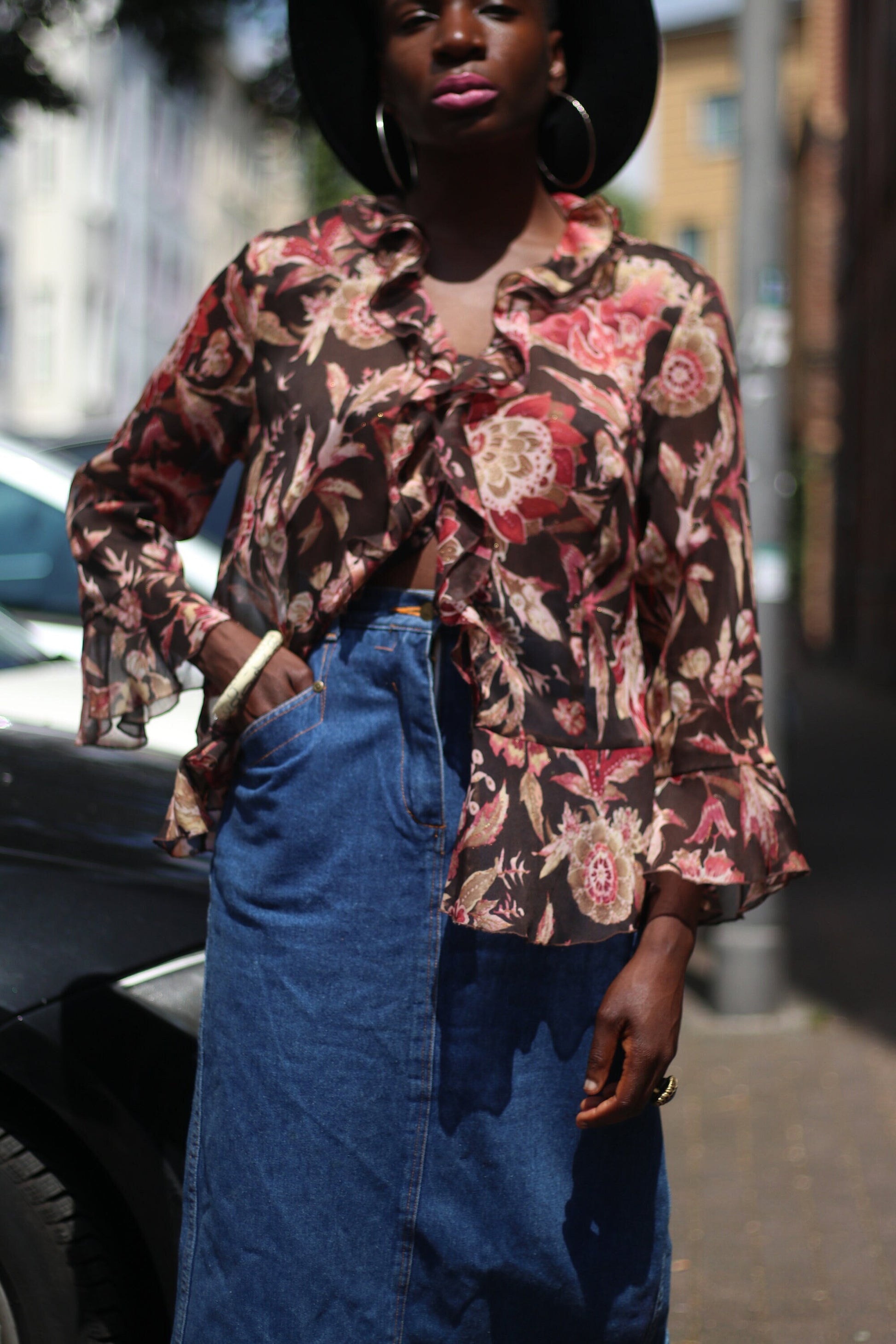 Vintage Gerry Weber Floral Top| 90s frilly ruffled bohemian blouse| Brown and red blouse with cascading pleats