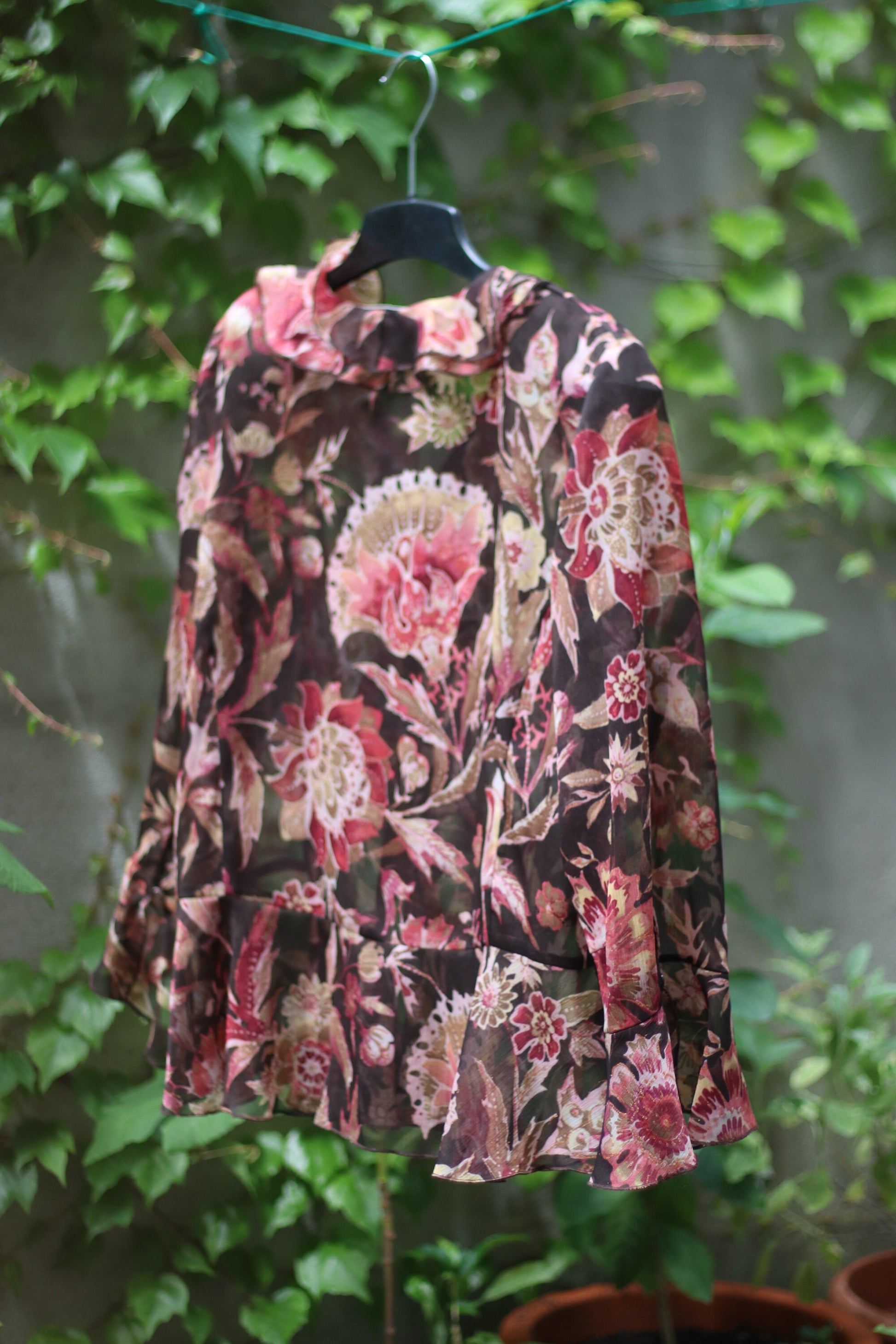 Vintage Gerry Weber Floral Top| 90s frilly ruffled bohemian blouse| Brown and red blouse with cascading pleats