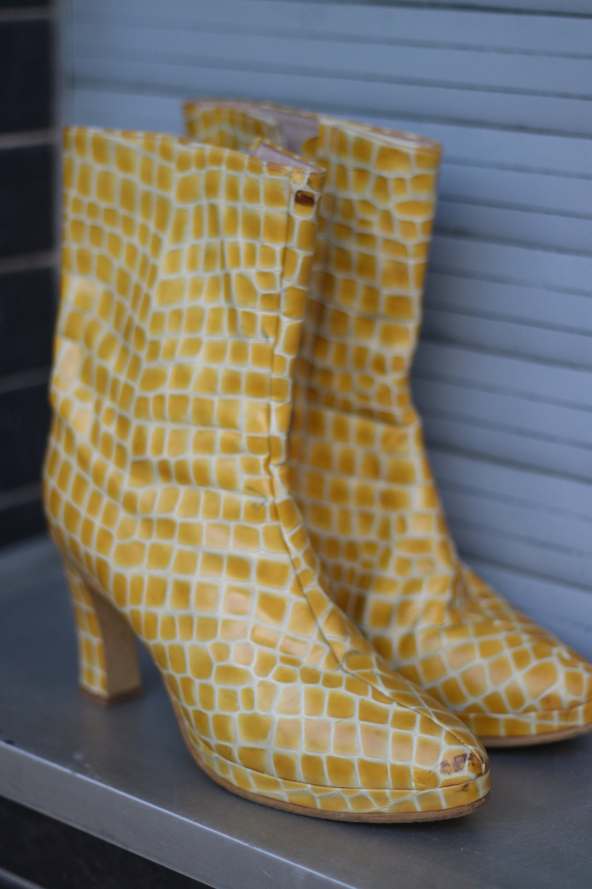 y2k yellow boots | Faux leather shoes| Fashionable Statement Shoes | Minimalist Avantgarde heeled boots
