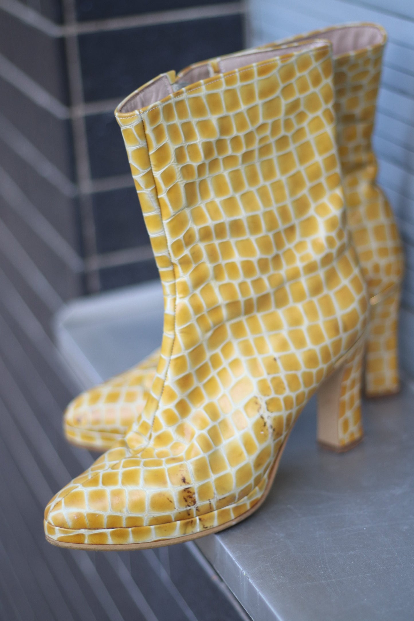 y2k yellow boots | Faux leather shoes| Fashionable Statement Shoes | Minimalist Avantgarde heeled boots
