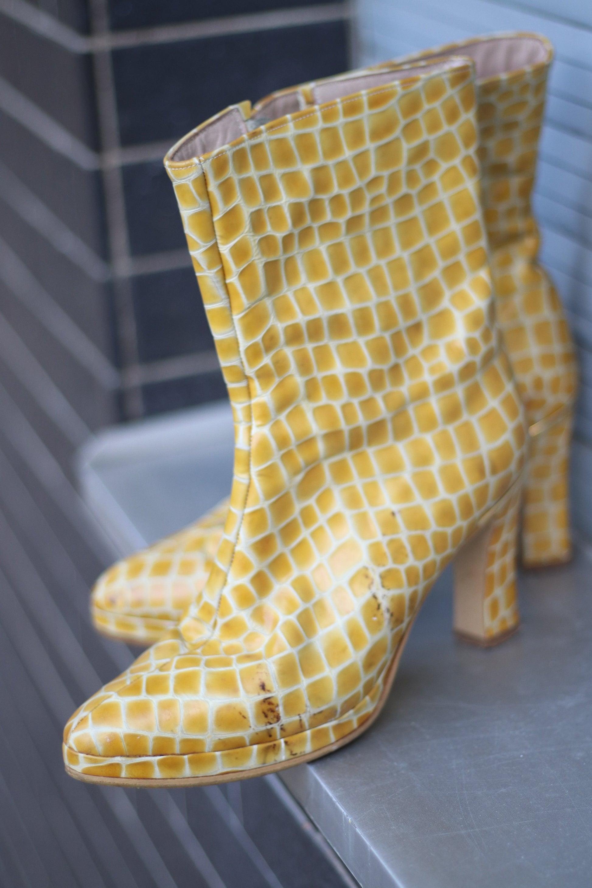 y2k yellow boots | Faux leather shoes| Fashionable Statement Shoes | Minimalist Avantgarde heeled boots