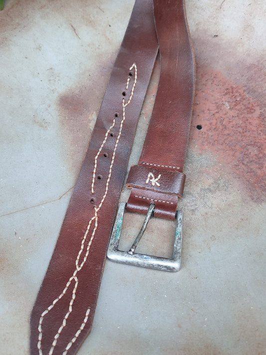 70s leather belt with statement stitchings| Vintage brown Americana inspired belt| Cowgirl leather accessory