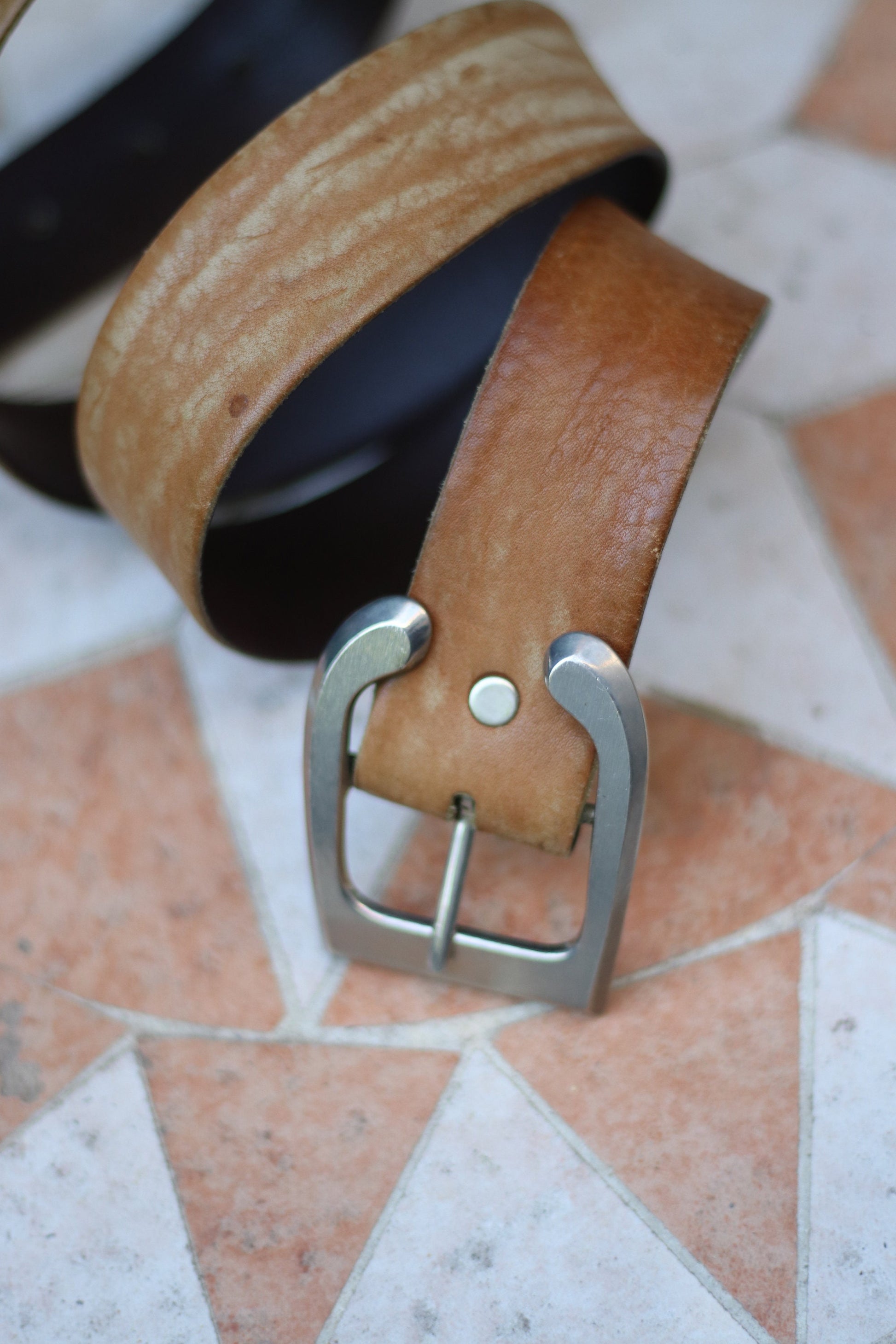 90s leather belt Classic brown leather belt with silver colored buckle minimalist belt design