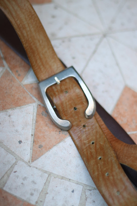 90s leather belt Classic brown leather belt with silver colored buckle minimalist belt design