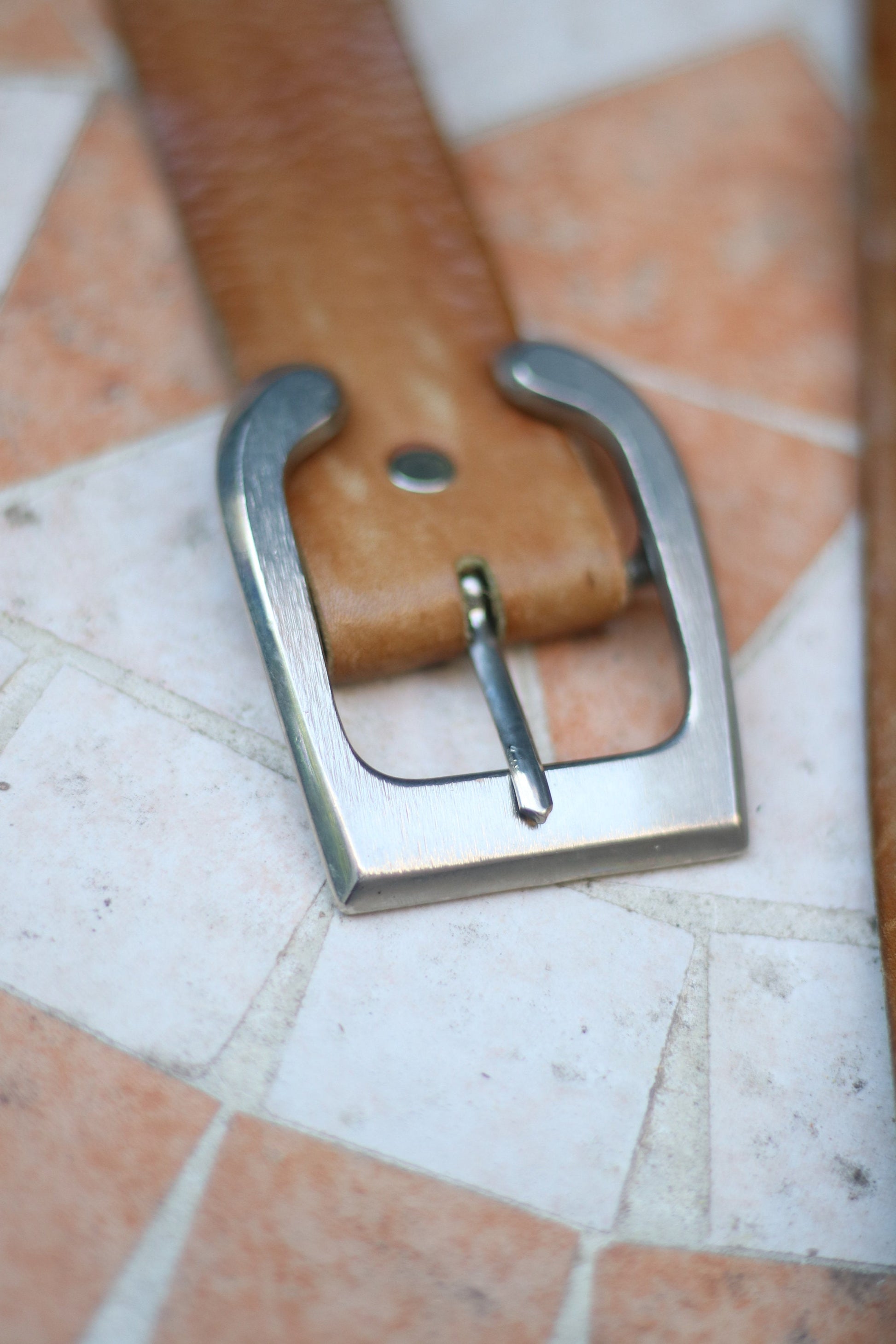 90s leather belt Classic brown leather belt with silver colored buckle minimalist belt design