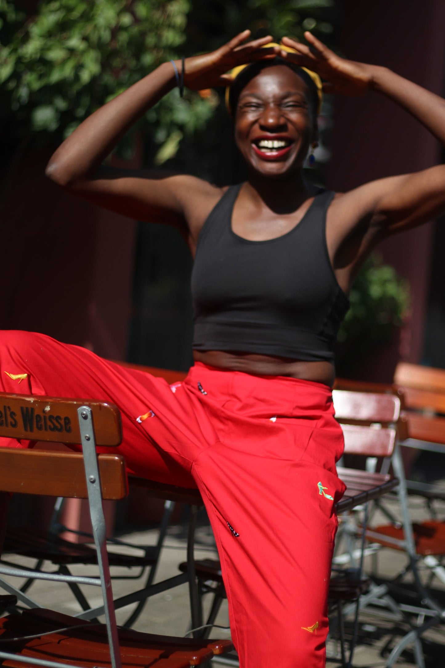 y2k red trousers|  Vintage red pants with statement stilettos print|  Quirky Summer pants