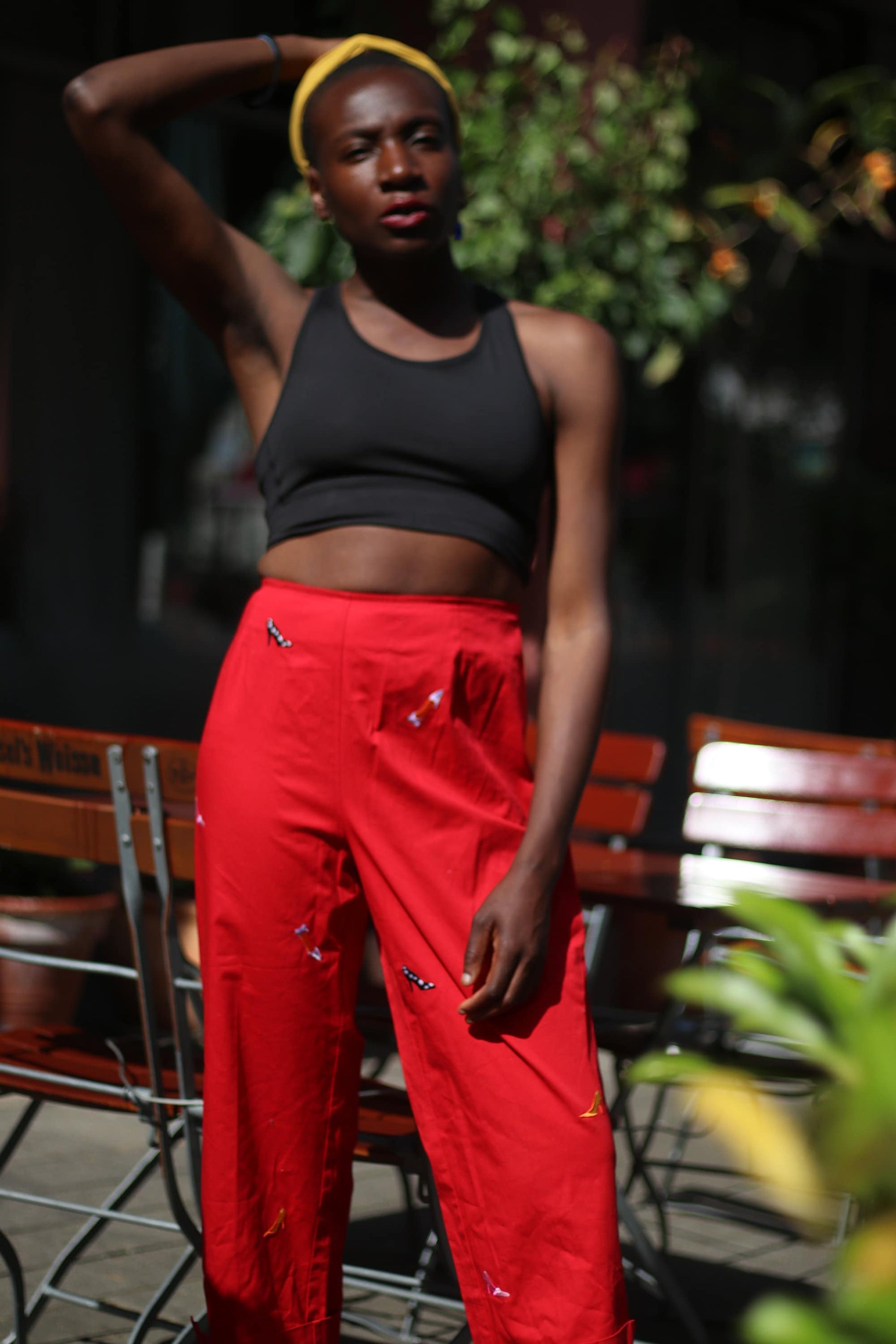 y2k red trousers|  Vintage red pants with statement stilettos print|  Quirky Summer pants
