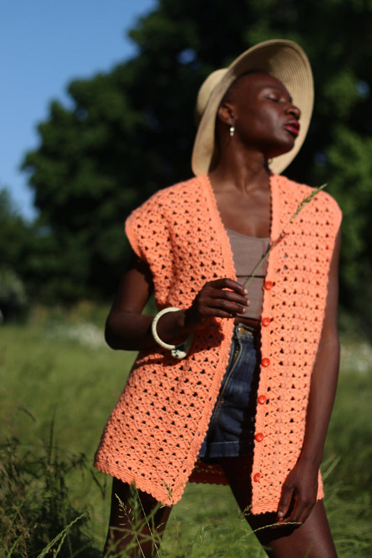 Handmade Orange Vest | Vintage Knitted Vest with buttons| Bohemian buttoned down design