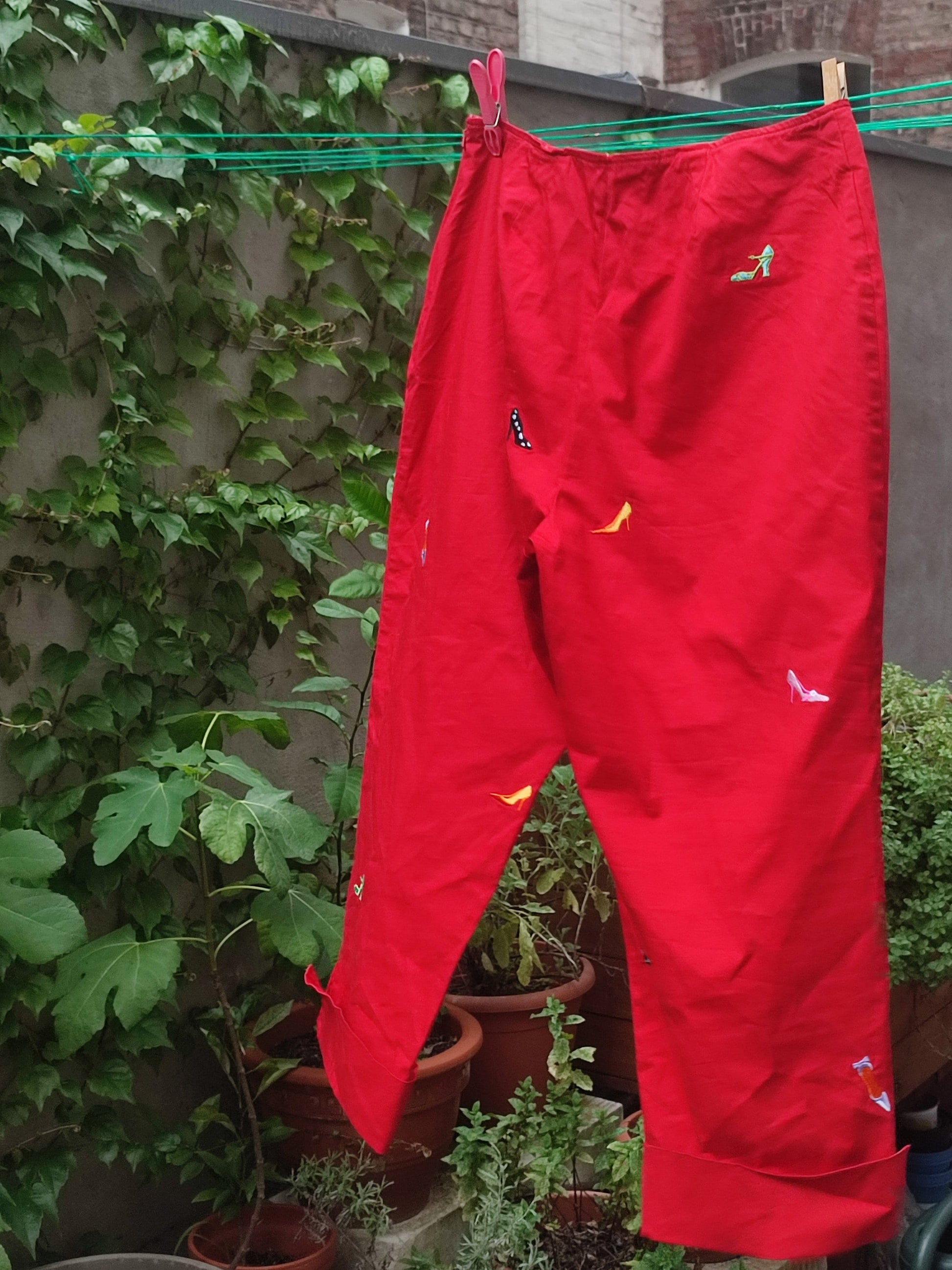 y2k red trousers|  Vintage red pants with statement stilettos print|  Quirky Summer pants