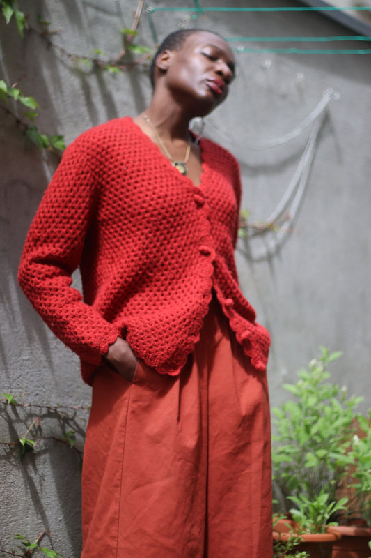 70s Handmade Orange Knit |Vintage long sleeved statement cardigan | Women's buttoned down sweater
