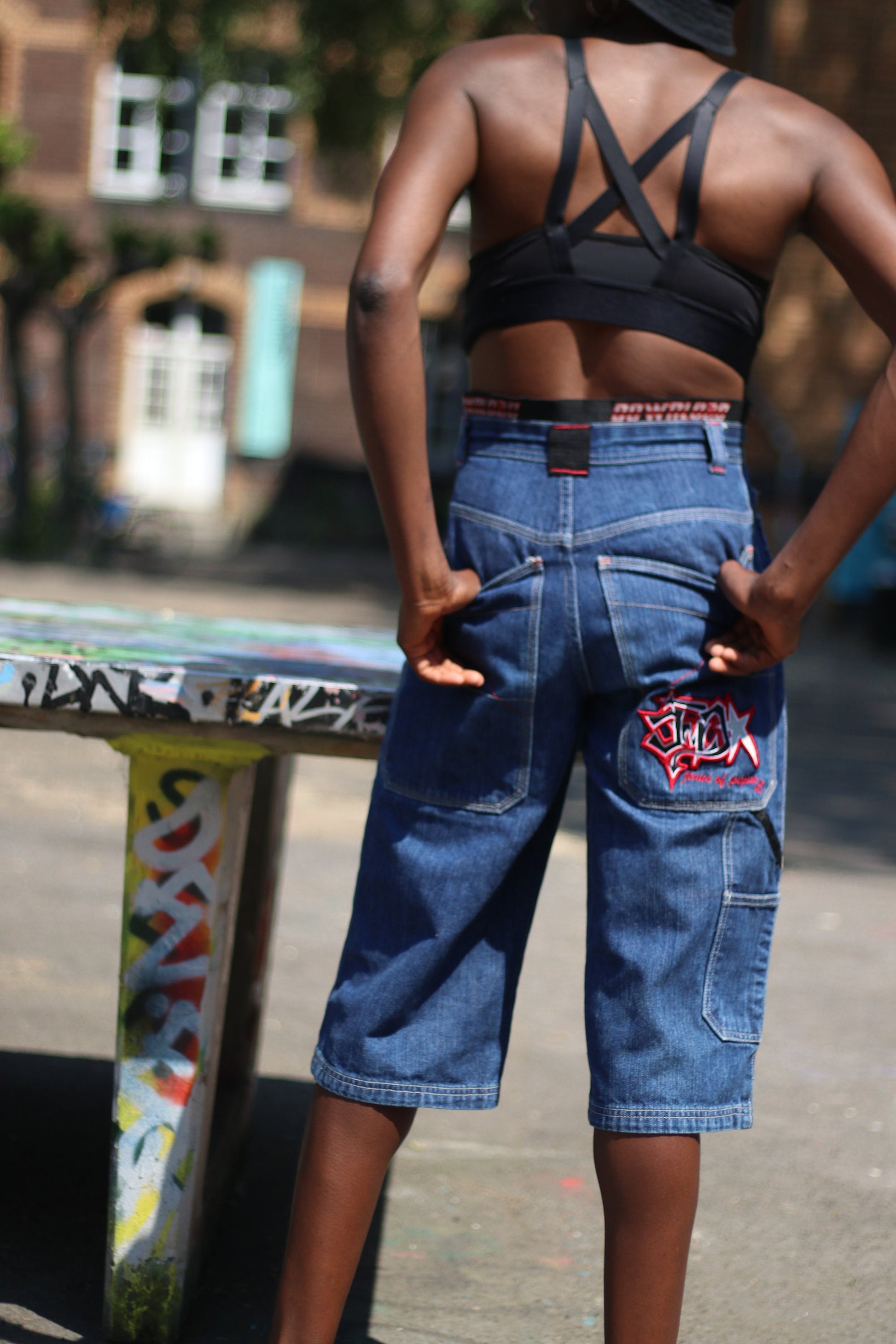 y2k Here & there Denim culottes| Vintage blue denim shorts with closure and graphic print| Jeans culottes with print