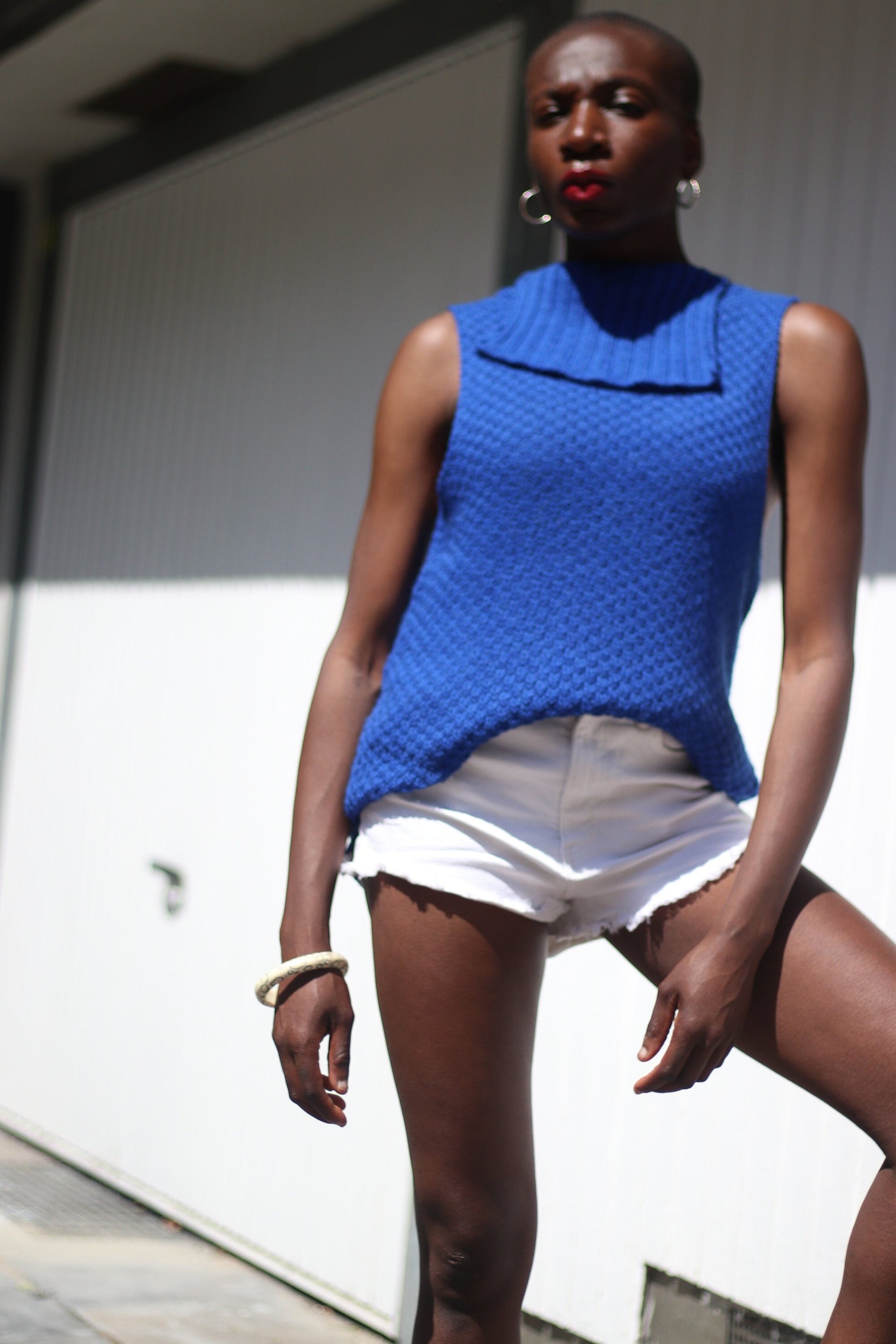 90s handmade blue knit| Vintage sleeveless turtleneck jumper |Minimalist blue Summer Sweater