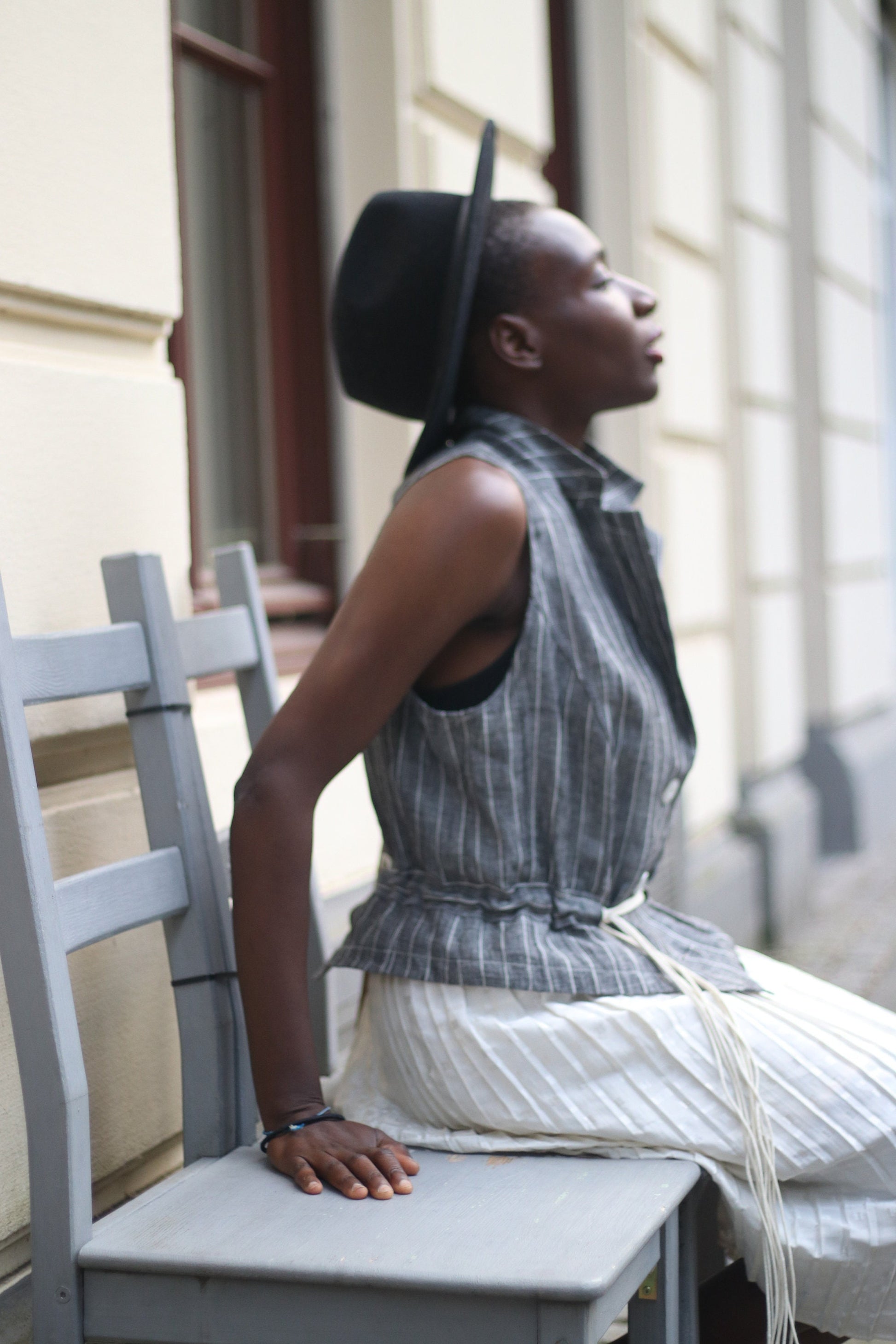Vintage Linen Blouse| Striped Grey Summer Shirt | Véchy Sleeveless Minimalist Blouse |Capsule Wardrobe Shirt