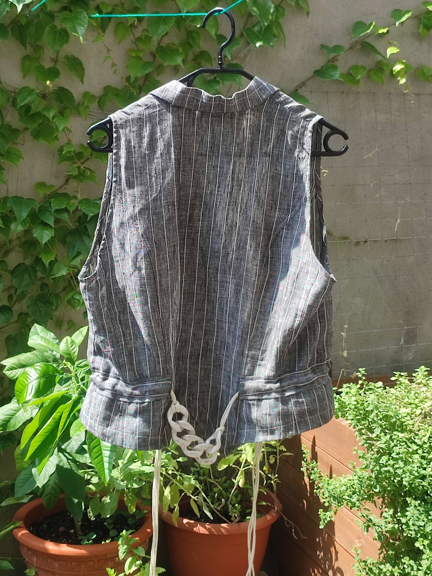 Vintage Linen Blouse| Striped Grey Summer Shirt | Véchy Sleeveless Minimalist Blouse |Capsule Wardrobe Shirt