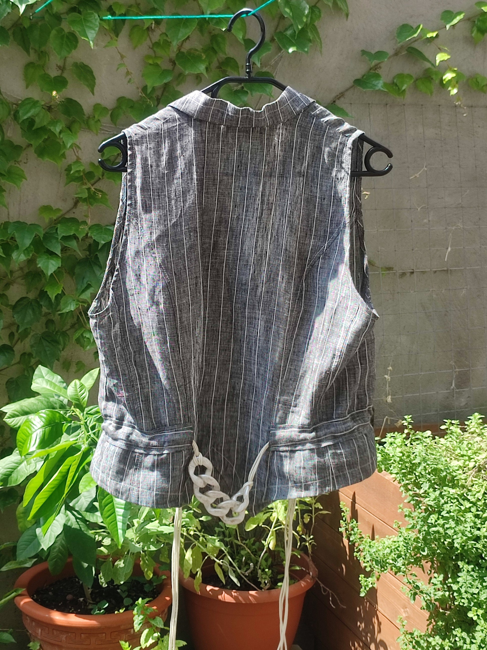Vintage Linen Blouse| Striped Grey Summer Shirt | Véchy Sleeveless Minimalist Blouse |Capsule Wardrobe Shirt