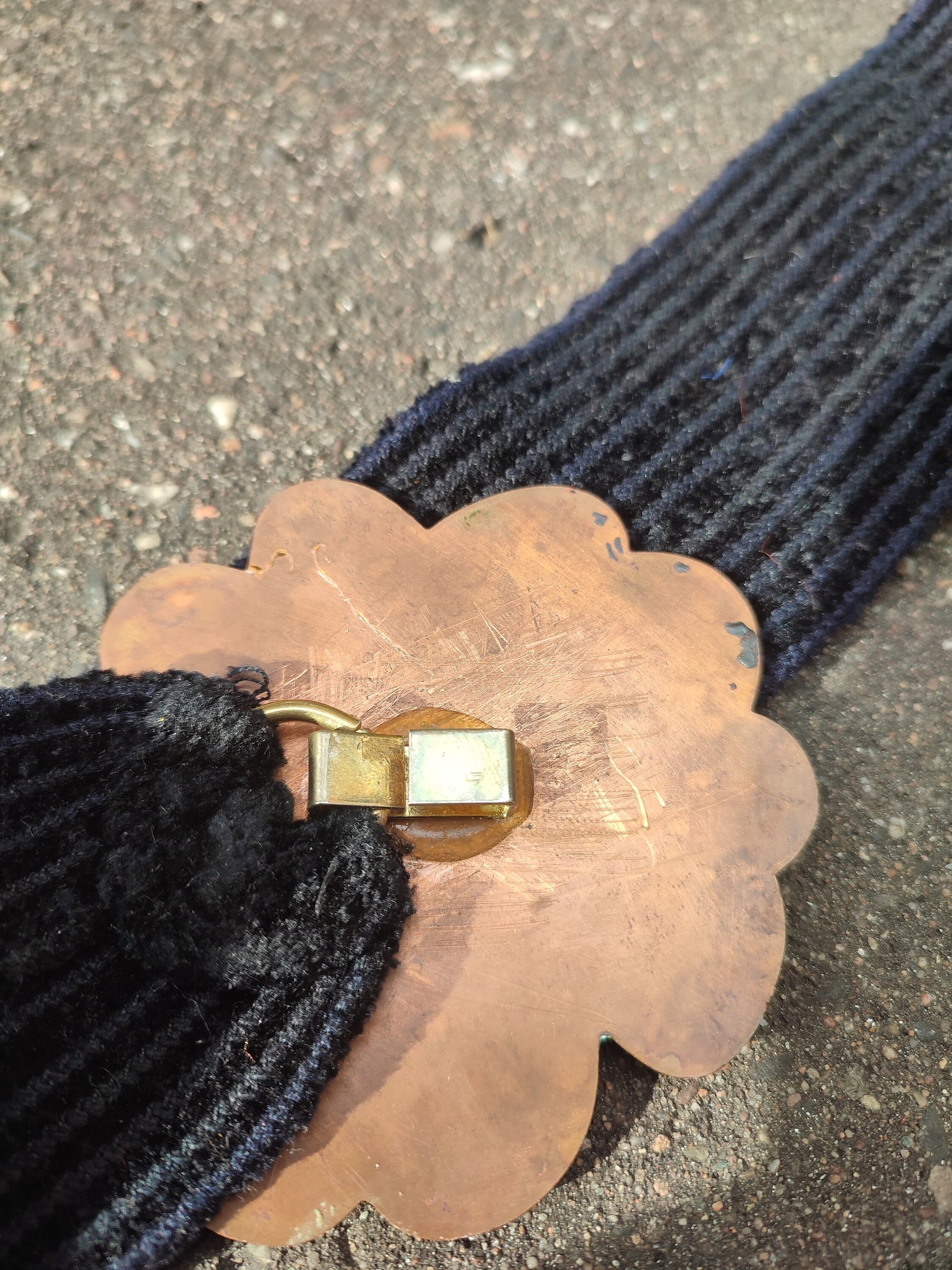70s Handmade Bel| Flower Power Green and black belt| Vintage metal and fabric waist belt