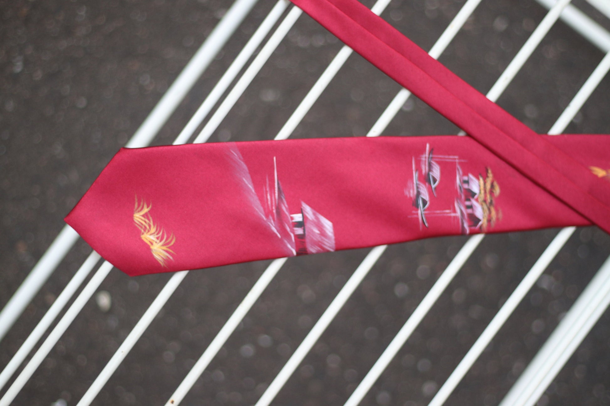 Vintage red silk tie with hand painted details 90s necktie office wear suit and tie