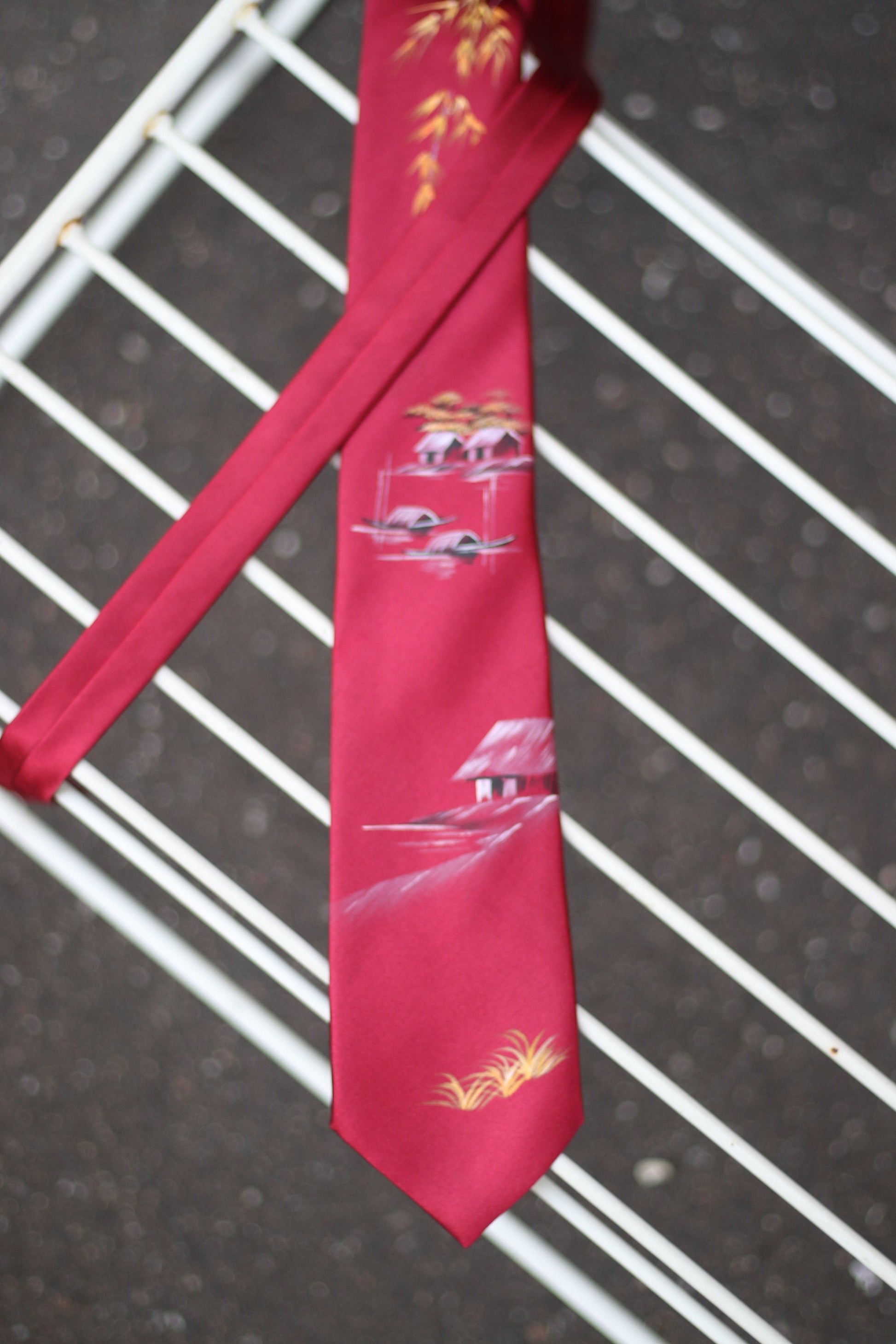 Vintage red silk tie with hand painted details 90s necktie office wear suit and tie