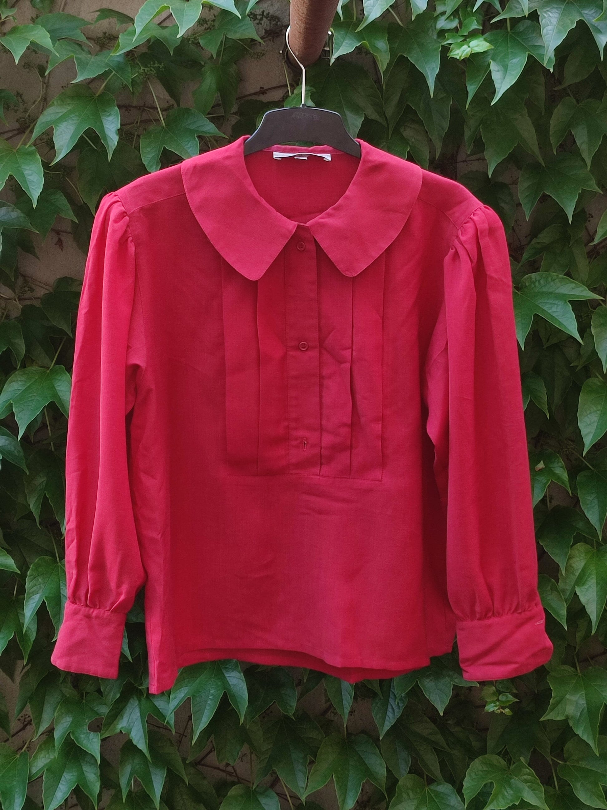 90s Red Blouse with Peter Pan Collar| Vintage long sleeved women's shirt | Minimalist Capsule Wardrobe shirt