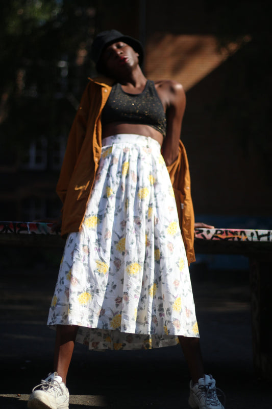 Vintage Skirt with Floral Print | Bohemian pleated Midi skirt in yellow and white