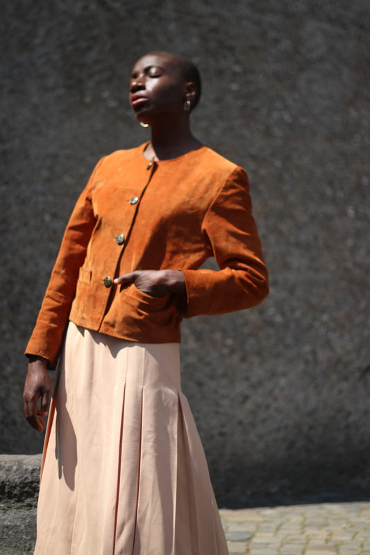 Vintage Suede Jacket| 80s band collar brown blazer with statement buttons| Minimalist cropped design