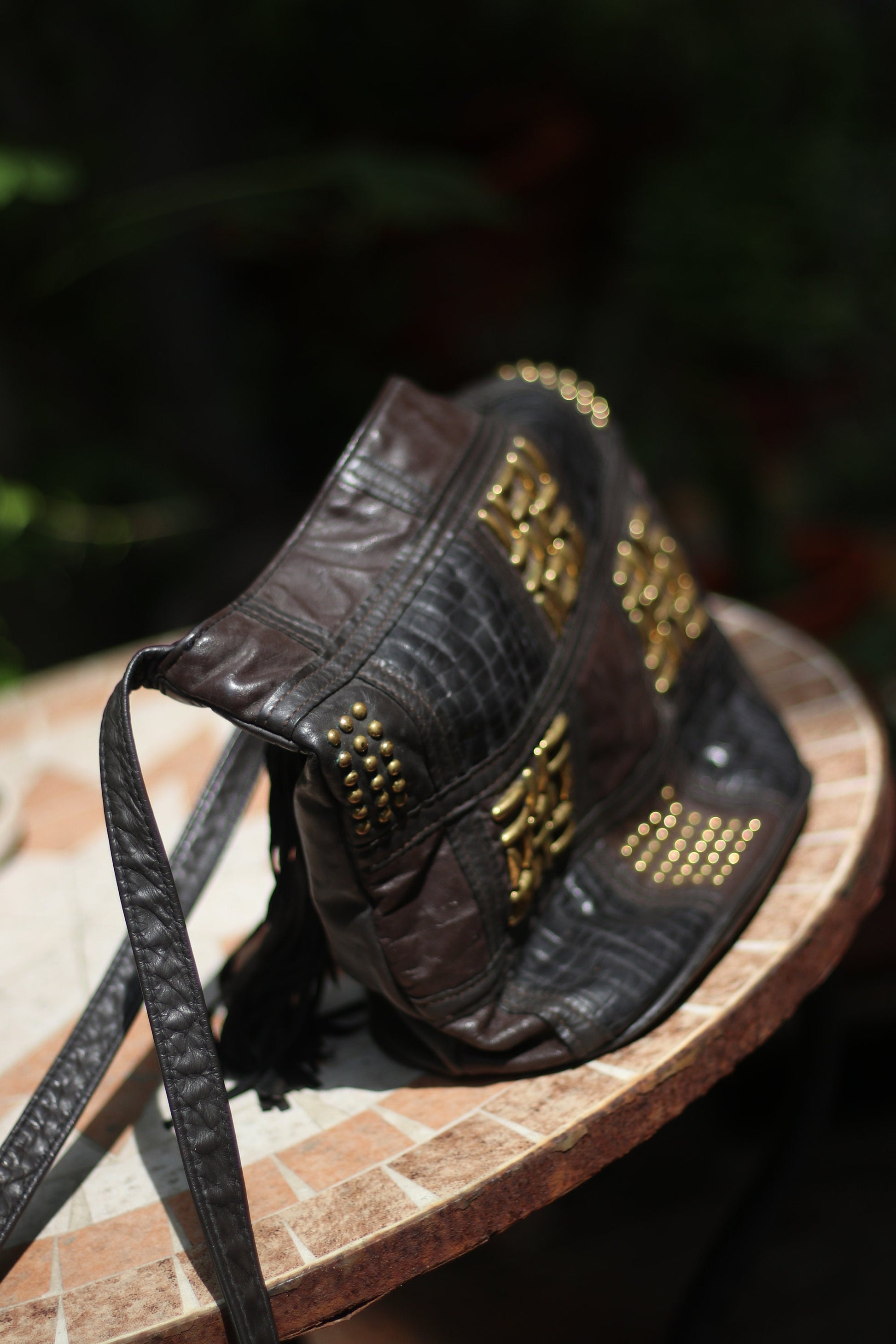 80s faux leather bag Vintage vegan shoulderbag with gold colored details and tassels