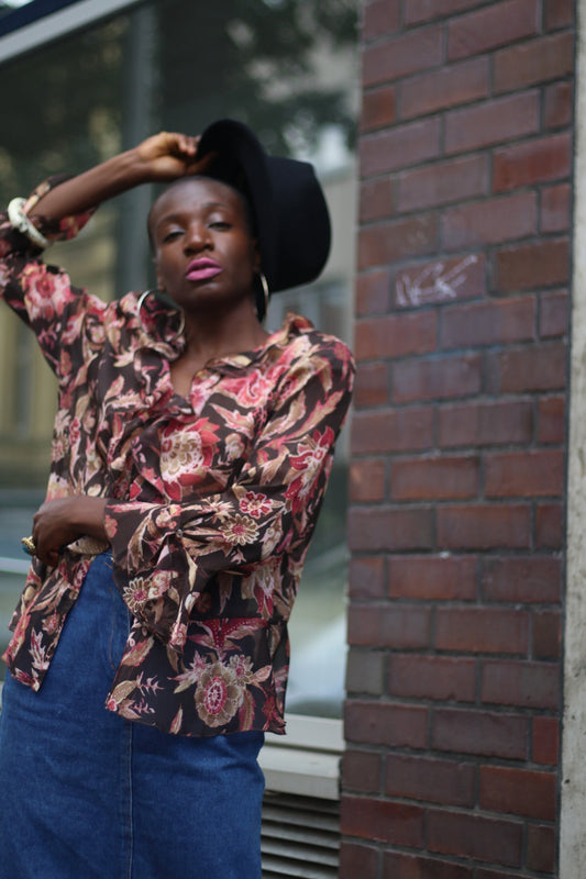 Vintage Gerry Weber Floral Top| 90s frilly ruffled bohemian blouse| Brown and red blouse with cascading pleats