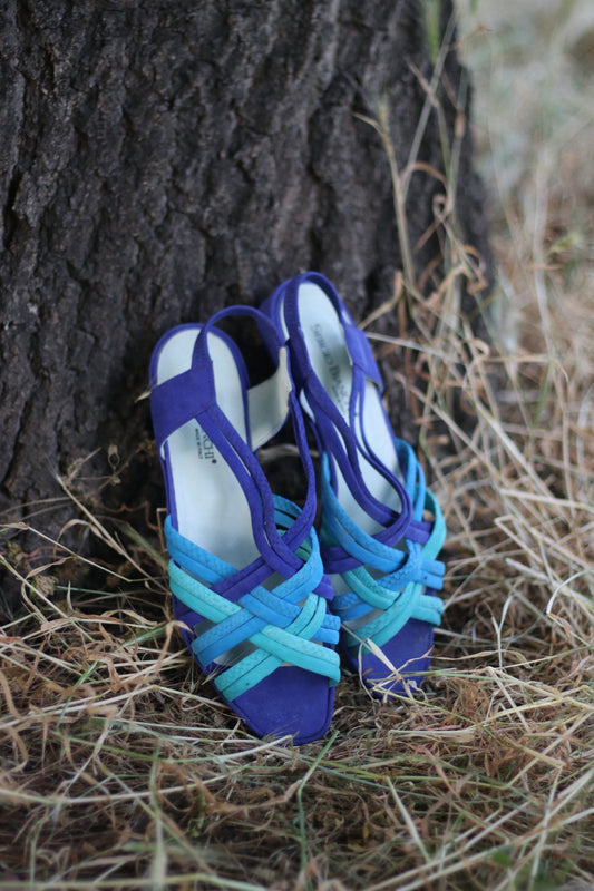 Vintage Sergio Bianchi| 90s Colorful summer flats| Blue Woven summer shoes