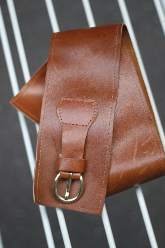 70s Handmade Leather Belt|Vintage Brown belt with silver buckle| Minimalist accessory waist belt