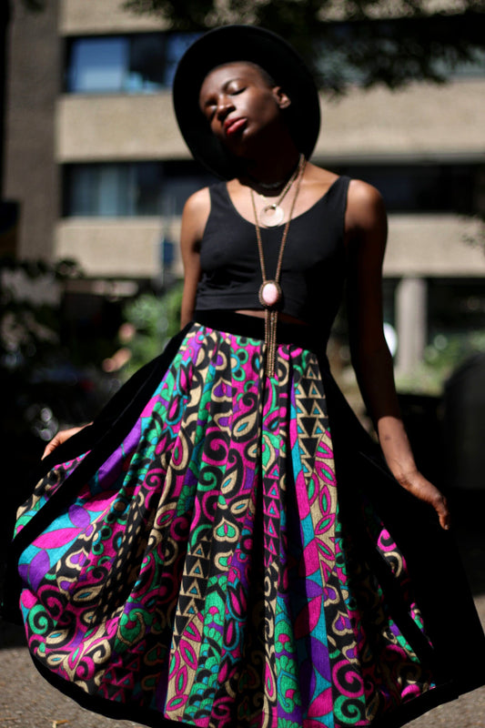 80s Helene Straber Skirt|Vintage Floral Skirt with Pockets| 80s Black Midi Skirt with statement paisley print