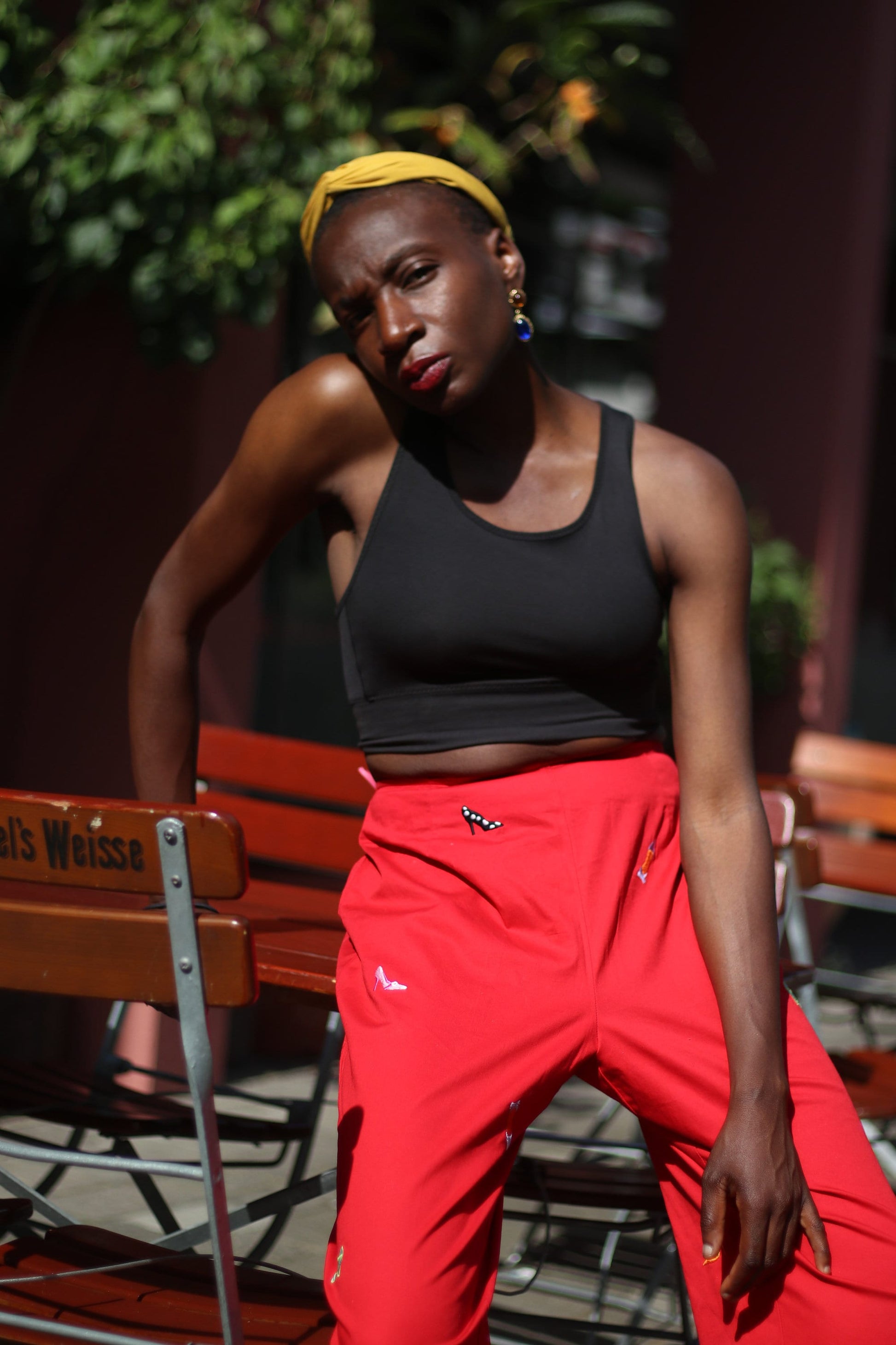 y2k red trousers|  Vintage red pants with statement stilettos print|  Quirky Summer pants