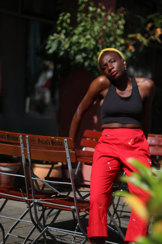 y2k red trousers|  Vintage red pants with statement stilettos print|  Quirky Summer pants