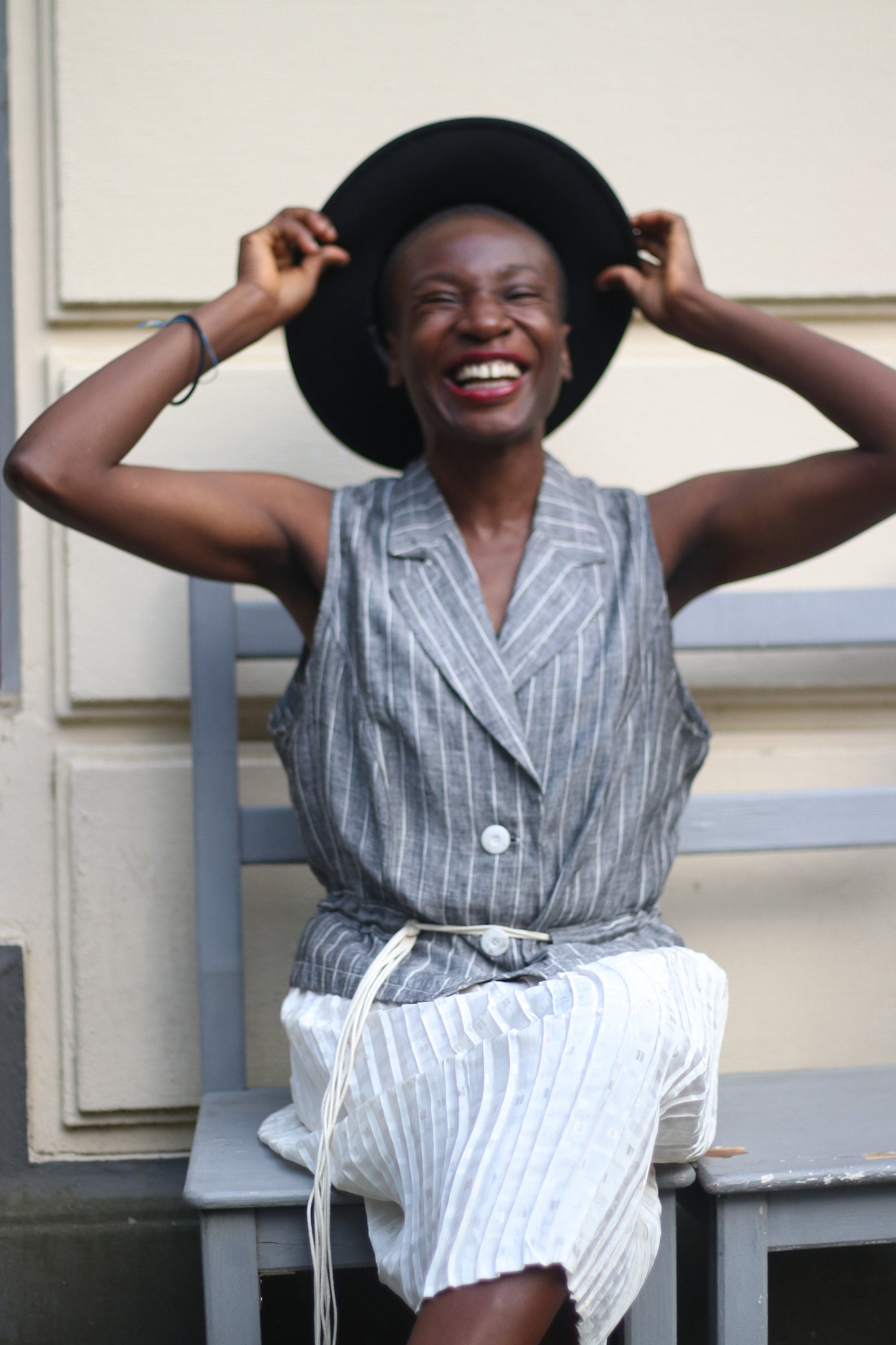 Vintage Linen Blouse| Striped Grey Summer Shirt | Véchy Sleeveless Minimalist Blouse |Capsule Wardrobe Shirt