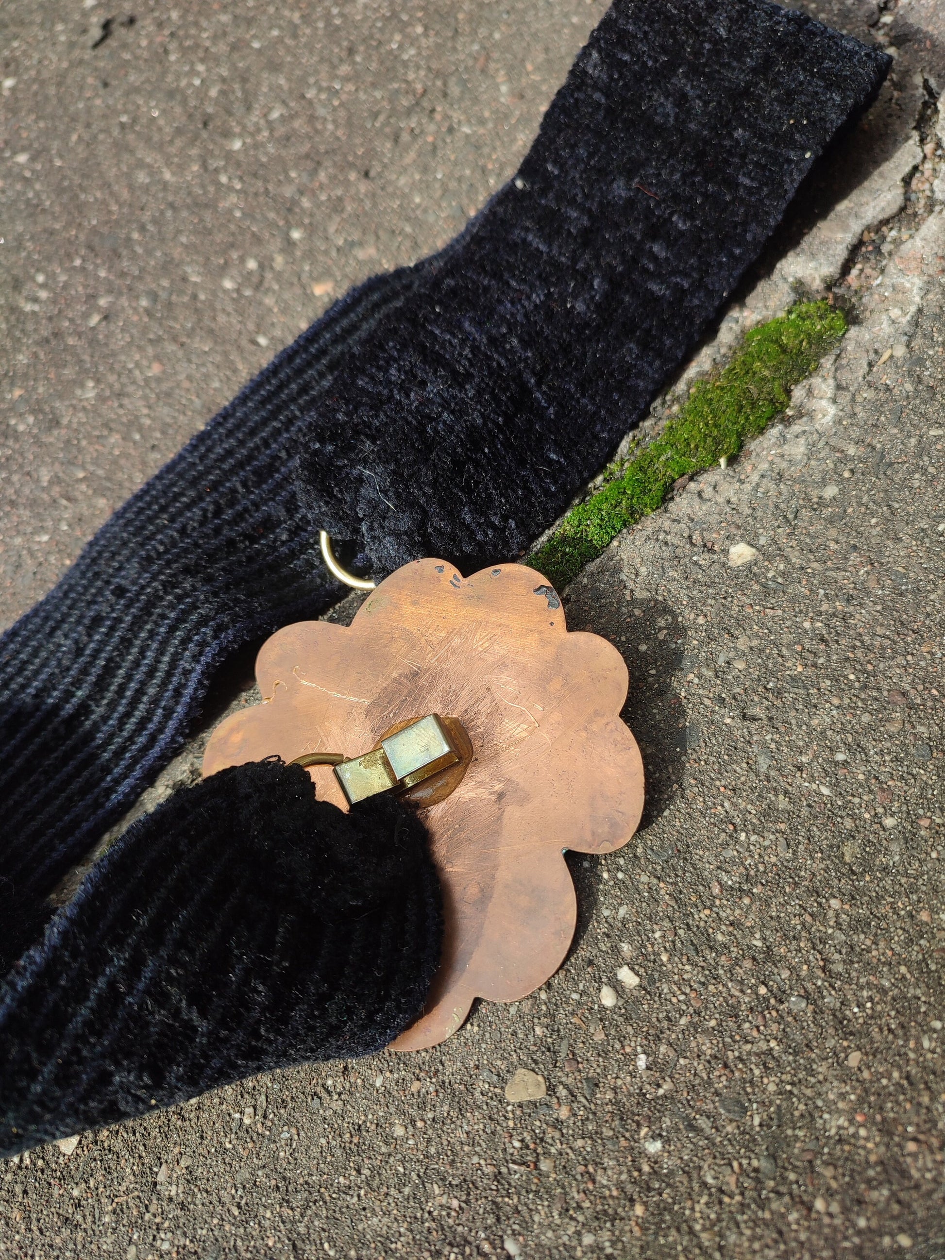 70s Handmade Bel| Flower Power Green and black belt| Vintage metal and fabric waist belt