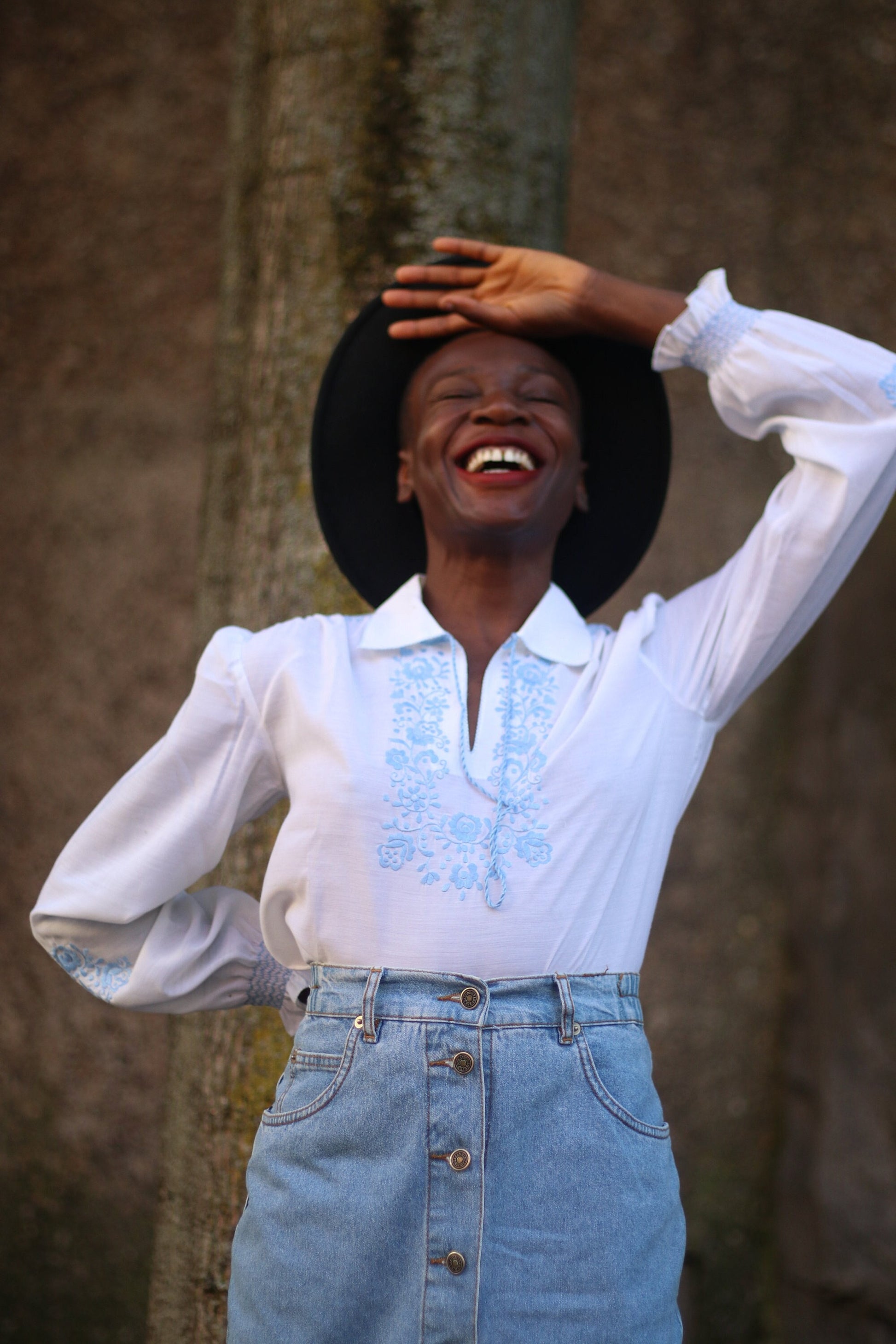 90s Bohemian Blouse| Vintage White and Blue Summer Shirt| Hippy Long sleeved Summer Blouse with embroidered details and tie