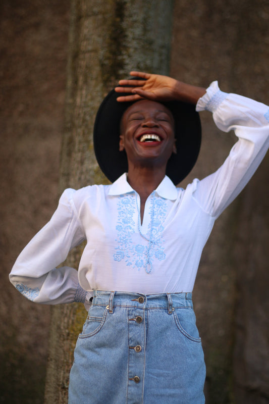 90s Bohemian Blouse| Vintage White and Blue Summer Shirt| Hippy Long sleeved Summer Blouse with embroidered details and tie