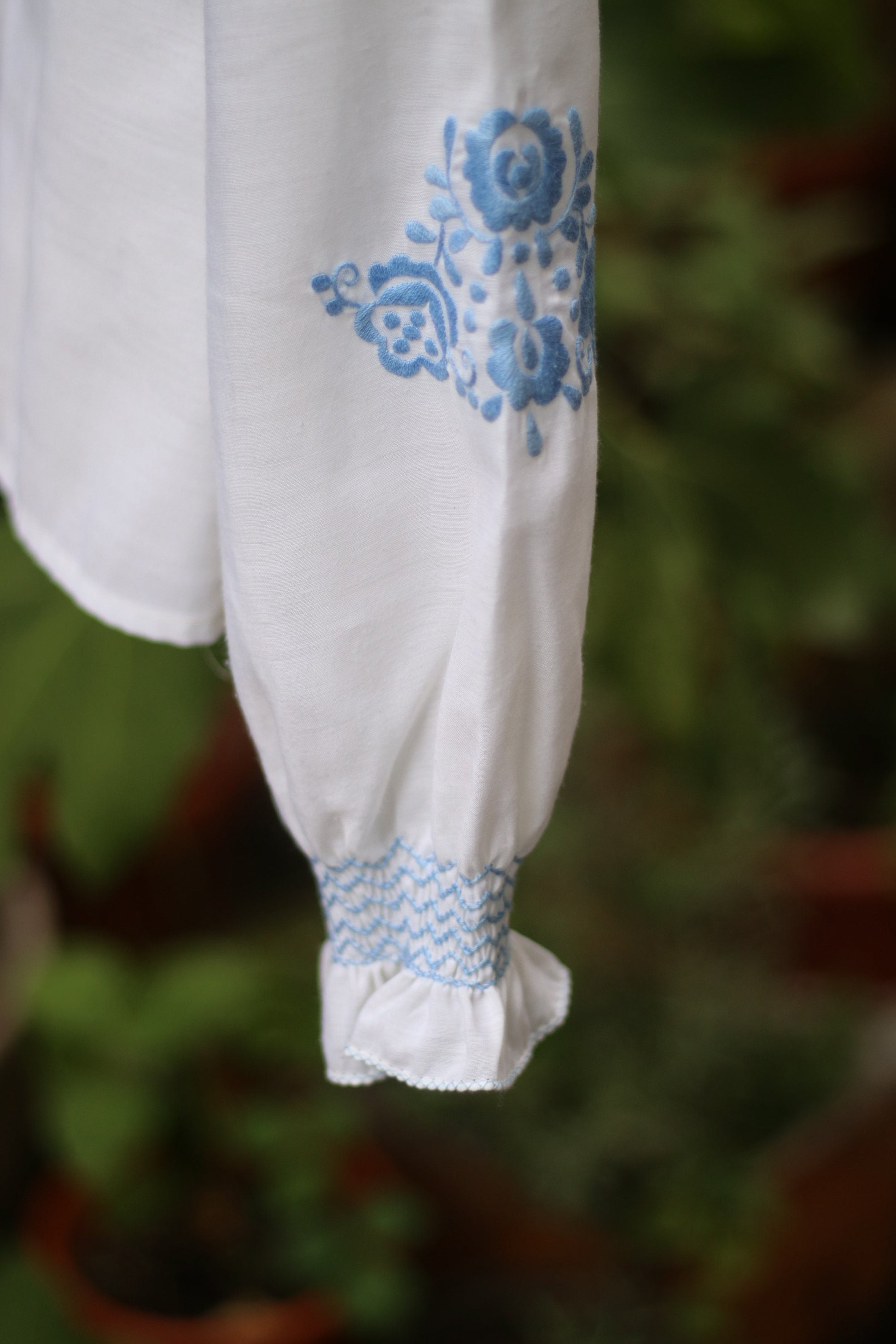 90s Bohemian Blouse| Vintage White and Blue Summer Shirt| Hippy Long sleeved Summer Blouse with embroidered details and tie
