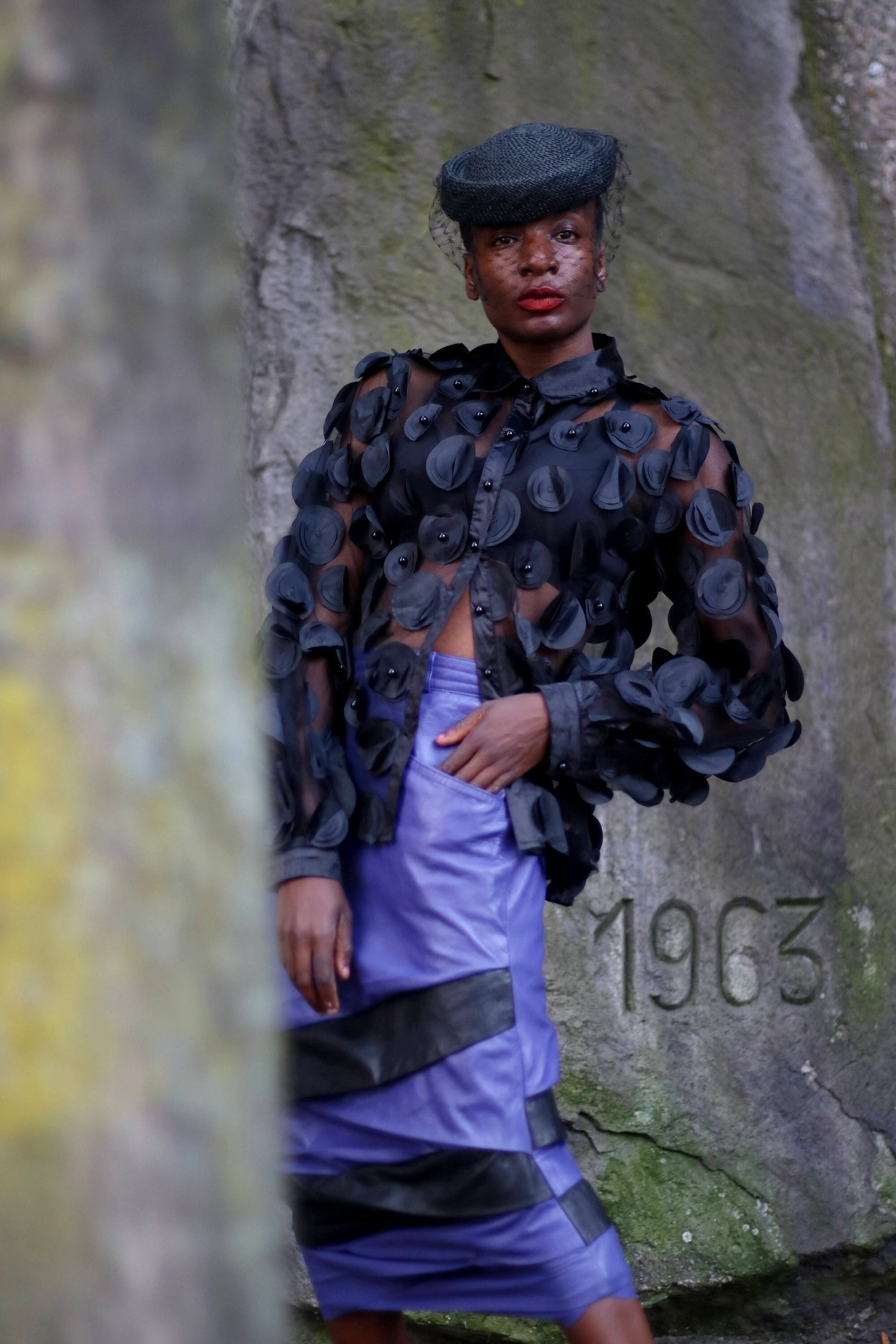 80s Purple Leather Skirt| Vintage avantgarde leather skirt in black and purple|Maximalist statement rouched midi skirt