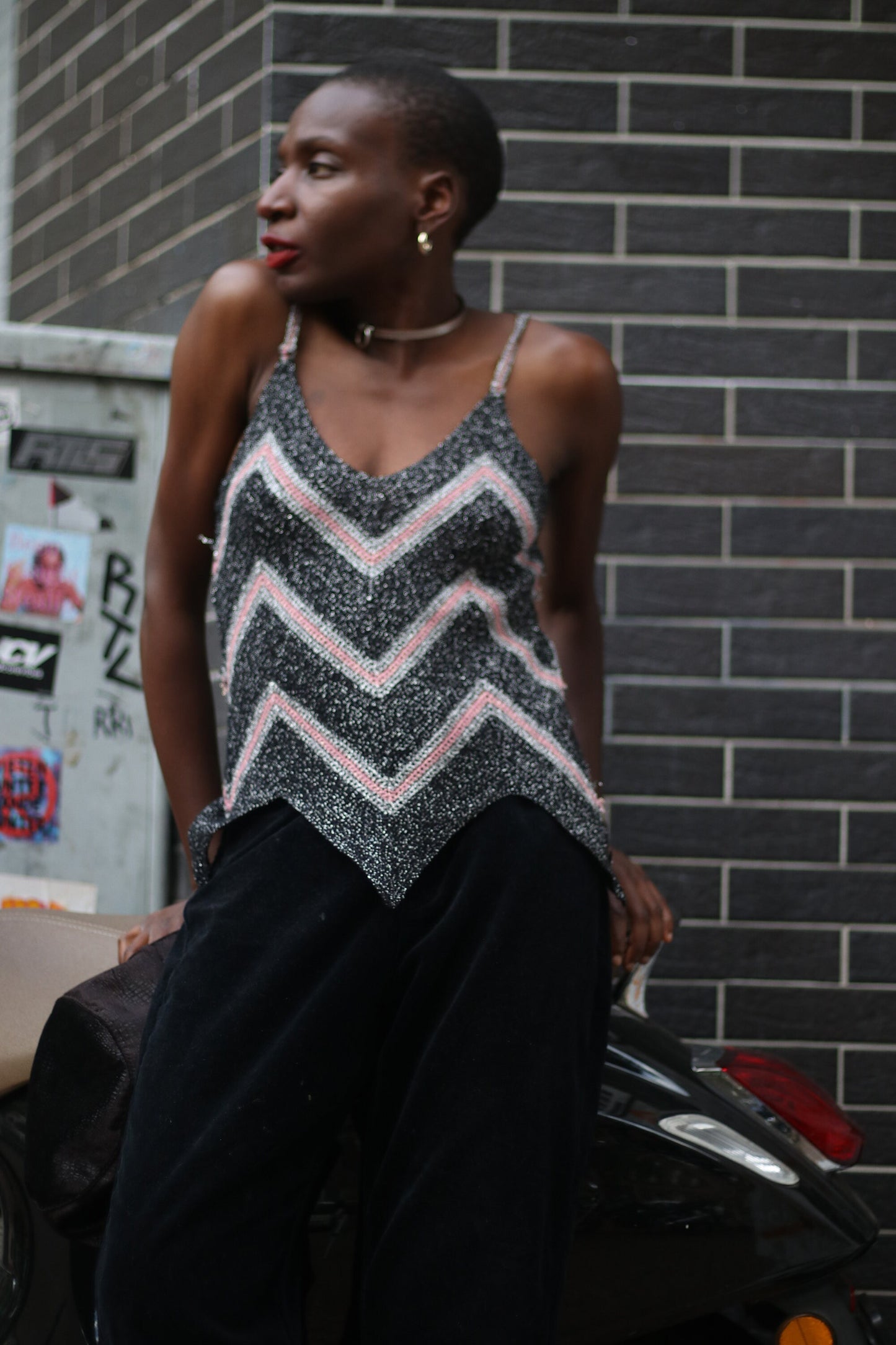 y2k shimmery spaghetti top | Vintage black and pink metallic party top
