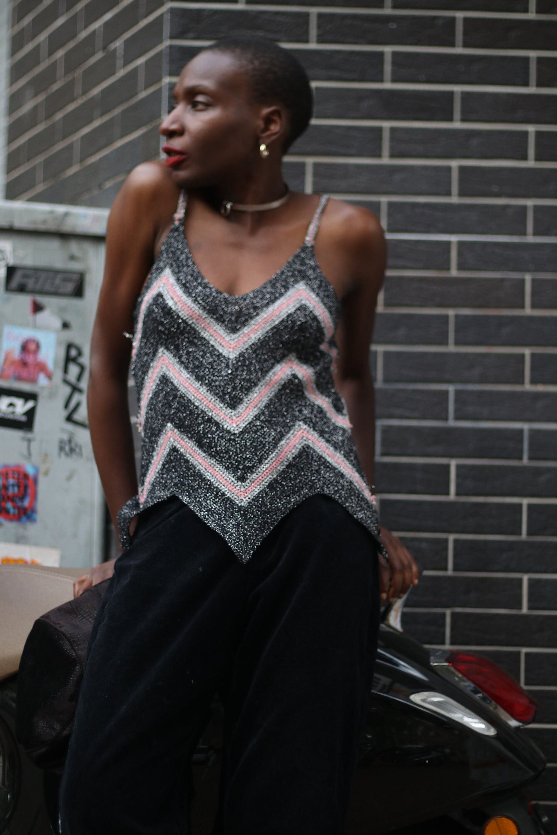 y2k shimmery spaghetti top | Vintage black and pink metallic party top