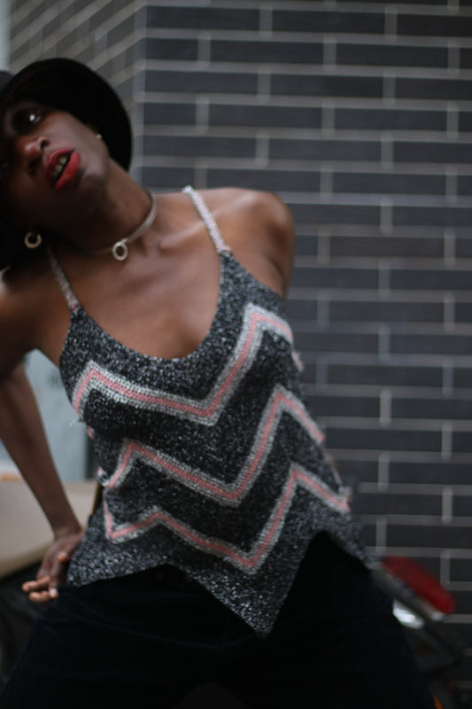 y2k shimmery spaghetti top | Vintage black and pink metallic party top