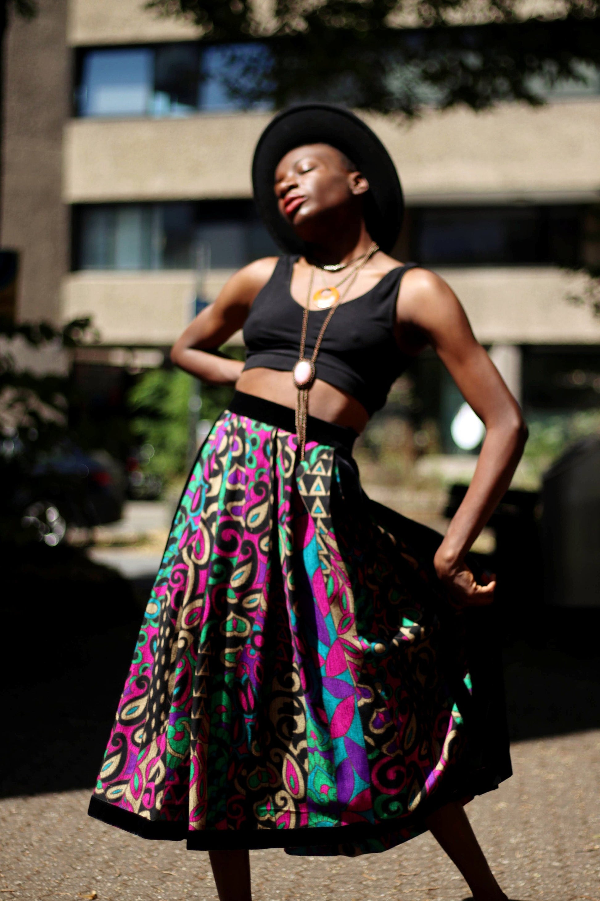80s Helene Straber Skirt|Vintage Floral Skirt with Pockets| 80s Black Midi Skirt with statement paisley print