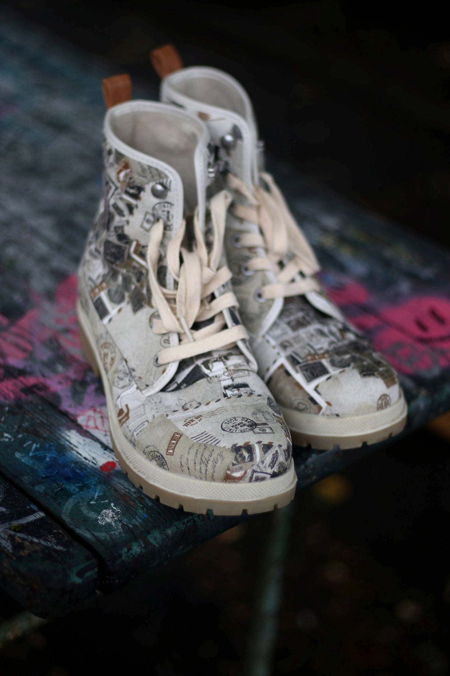 y2k Mustang Chunky Boots| Vintage grey canvas streetwear statement printed shoes