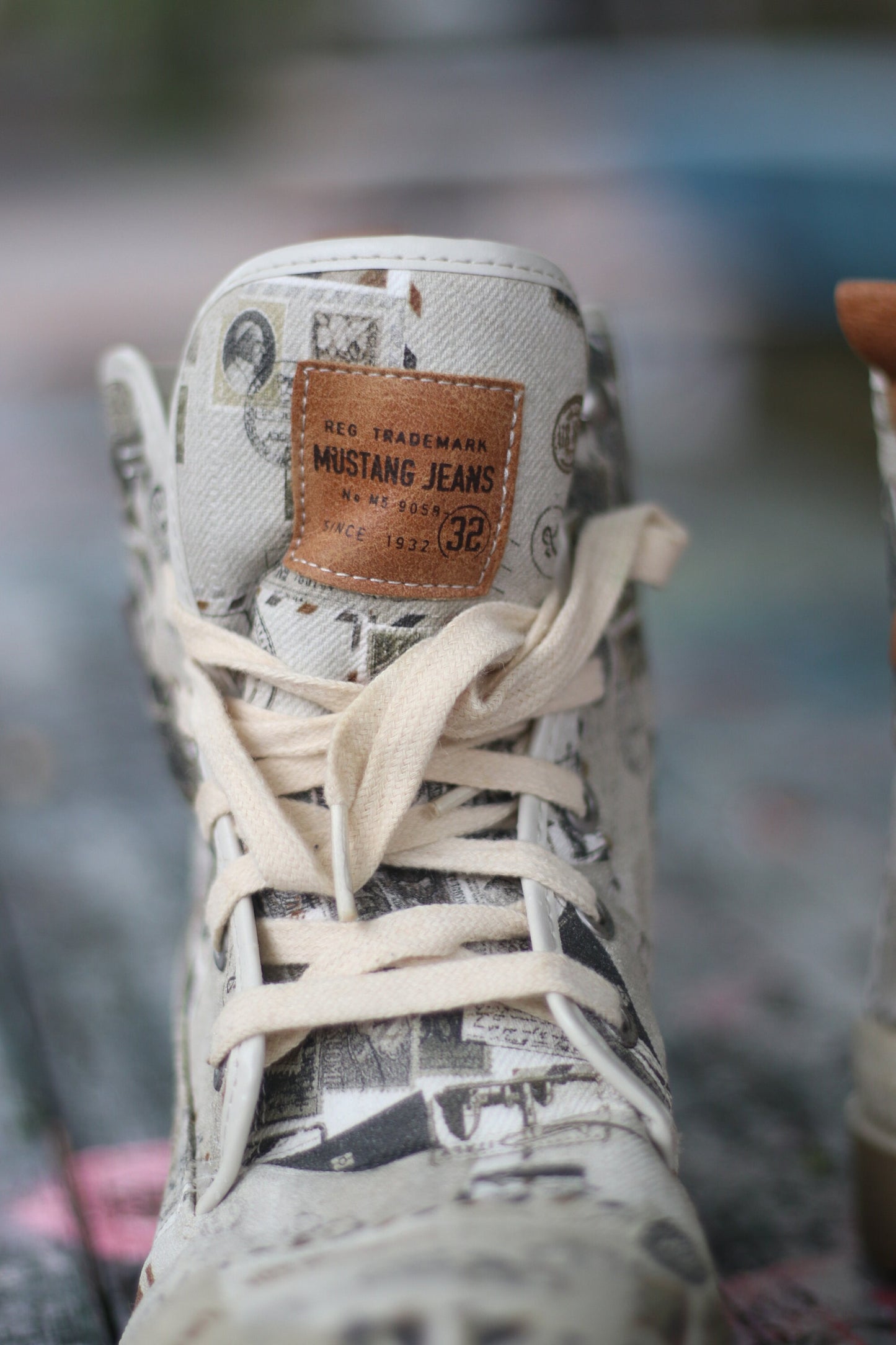 y2k Mustang Chunky Boots| Vintage grey canvas streetwear statement printed shoes